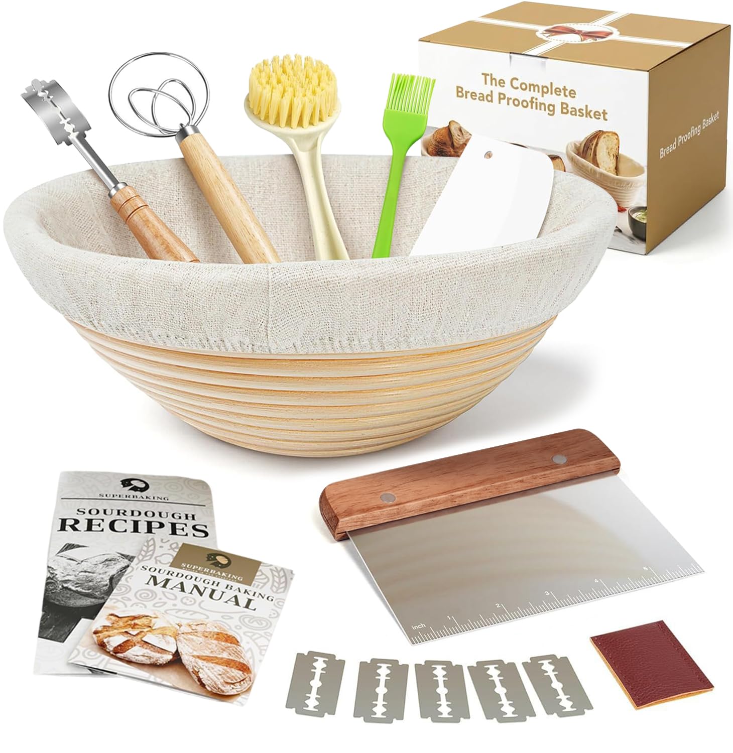 Sourdough Starter Kit, Bread Proofing Basket, Round Banneton with Liner and Breads Making Tools Handmade, All-Natural Sourdough Starter Kits Artisan Bread & Gift Set