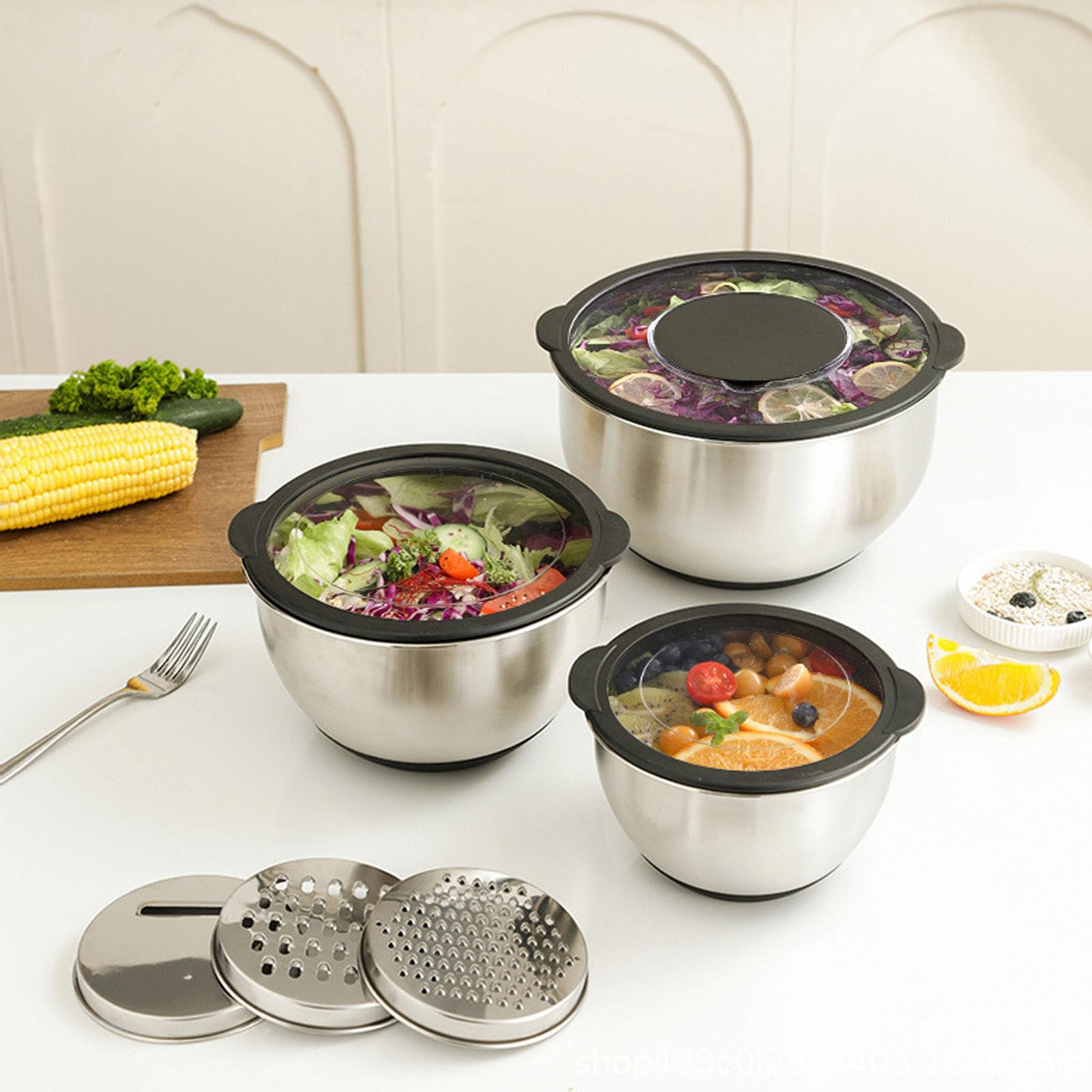 FILFEEL 3-teiliges Edelstahl-Rührschüssel-Set mit Luftdichten Deckeln, Ineinander Steckbares Küchenschüssel-Set, 0,5 L, 2,5 L, 4, mit 3 Reibenaufsätzen, Rutschfeste Silikonböden, Spülmaschinenfest