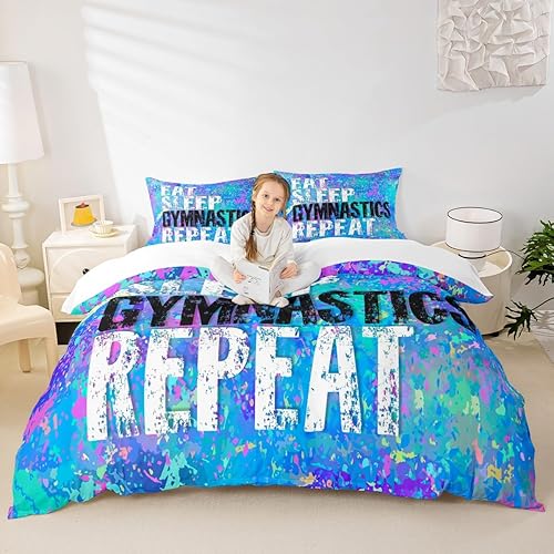 Miniatura 23 de Juego de funda de edredón para amantes de la gimnasia, tamaño Queen, silueta de gimnasta, juego de ropa de cama rosa para niños, adolescentes y