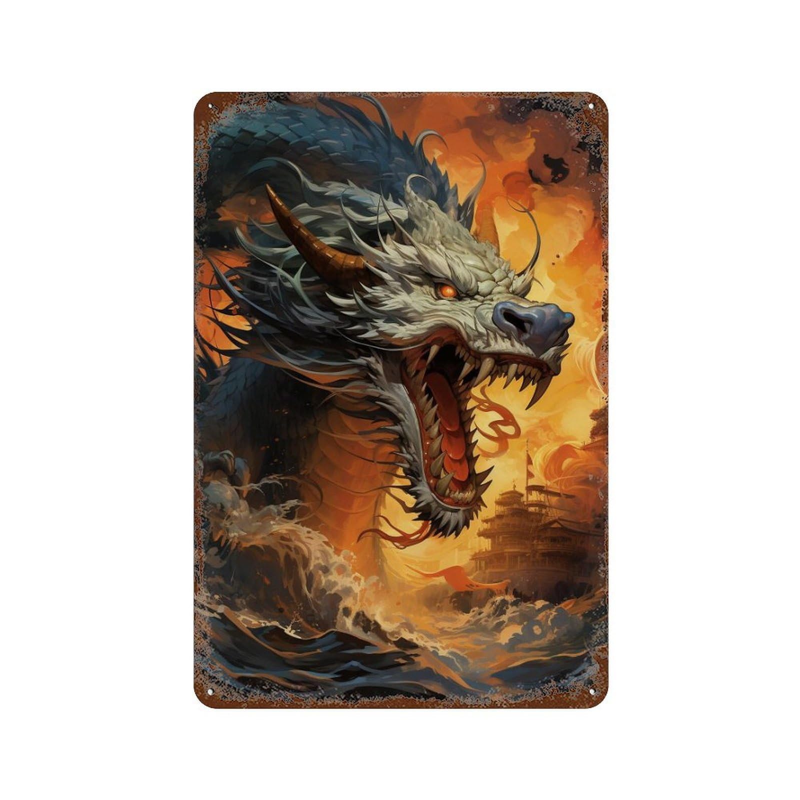 Garage Style Dragon Sea Storm Distressed Metal Wall Sign 11.8"x7.9", Shabby Chic Decor for Bar And Workshop