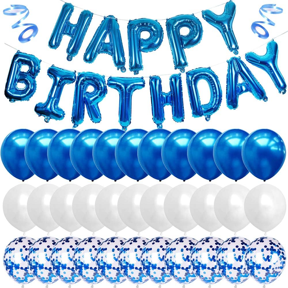 Blue Happy Birthday Balloon Banner White And Blue Confetti Balloons for Boy Birthday Party Decorations