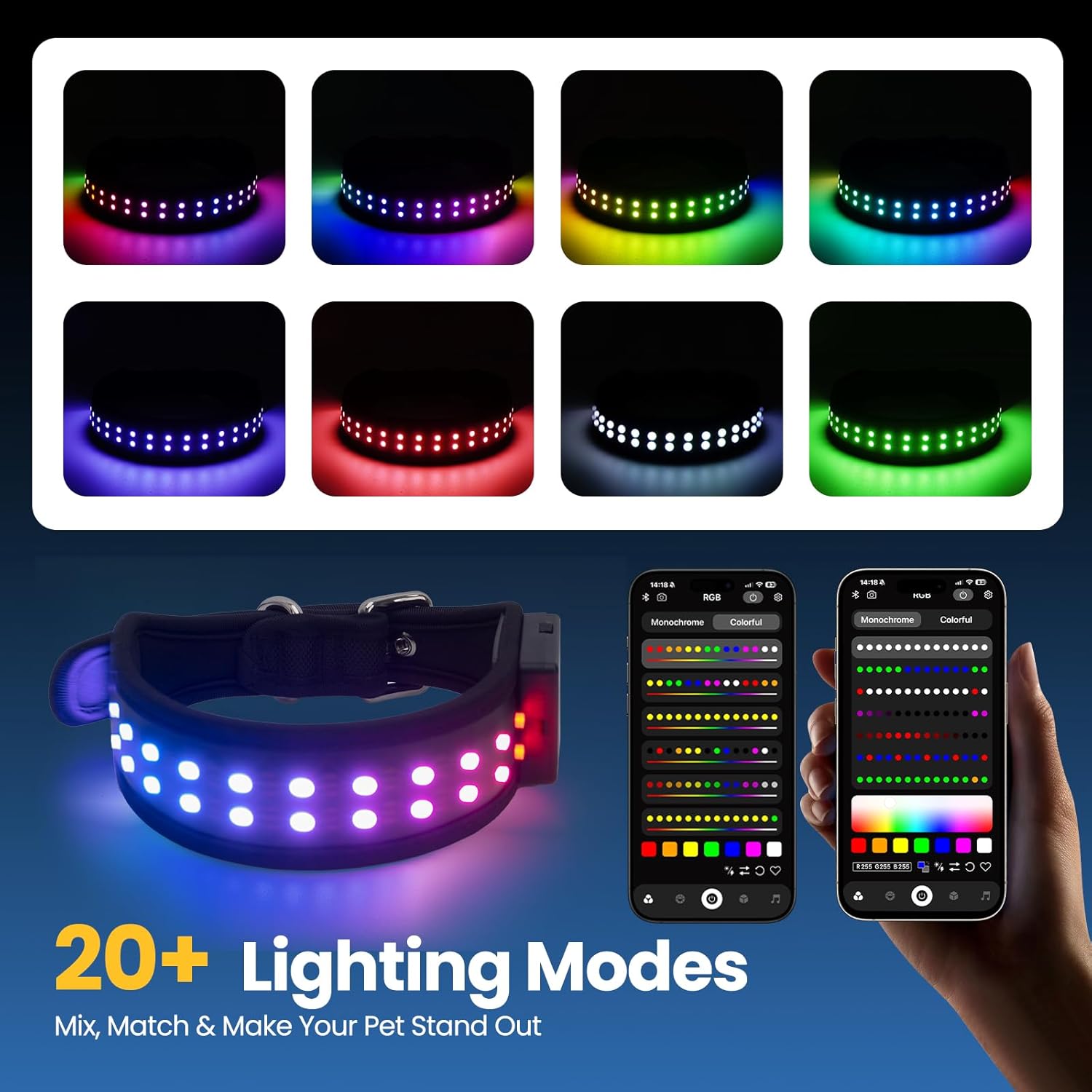 Customizable LED Dog Collar: 20+ Modes & Adjustable Brightness, App Controlled Light Up Dog Collar for Night Safety, Music Sync, IP65 Waterproof, Fits Small, Medium, Large Dogs (Medium)