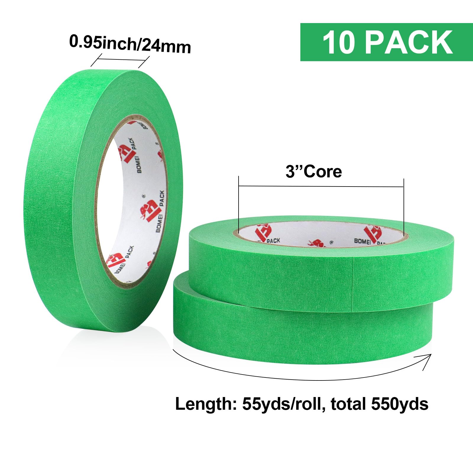 BOMEI PACK Nastro per pittori da 2,5 cm, 10 rotoli da 2,5 cm x 50,5 m, nastro per mascheratura verde, per pareti, lavori fai da te e progetti scolastici, totale 500 m