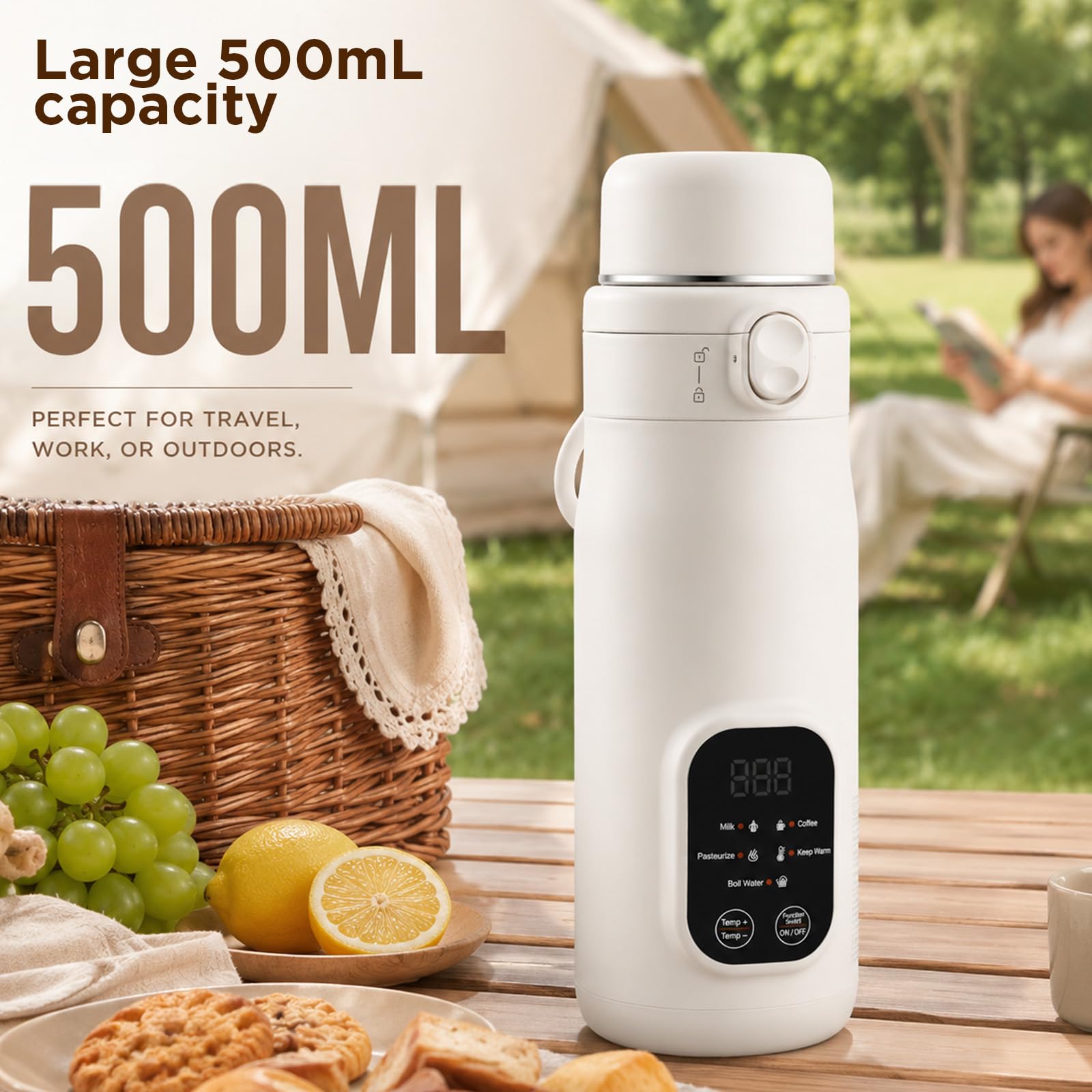 Bouilloire électrique portable 500 ml, 3 types d'alimentation de voiture/USB/prise européenne, 5 réglages de température