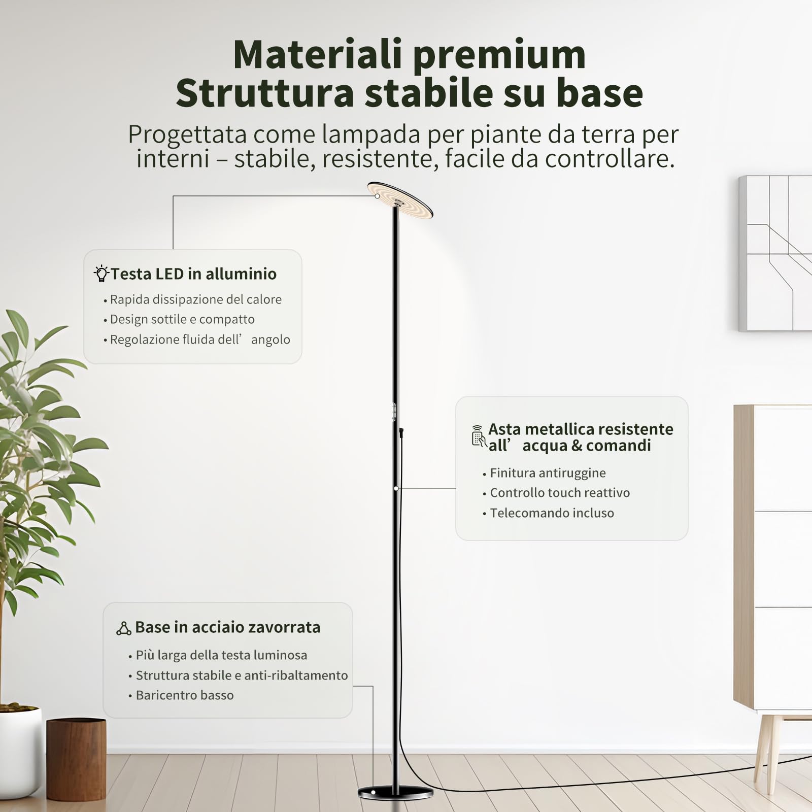 Lampada per Piante da Interno LED 60W a Spettro Completo, Luce per Piante Regolabile 56–216 cm, 10 Temperature 2300K–6500K, Timer 4/8/12H, Dimmerabile, Telecomando