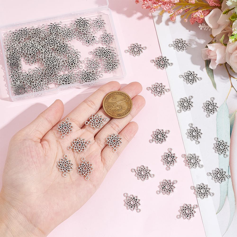 SUNNYCLUE 1 Box 100Pcs Flower Connector Charms Silver Floral Charms Mini Alloy Hollow Tibetan Daisy Plants Links Connectors Charm Bulk for Jewelry Making Charms Necklace Bracelet Earrings DIY Craft - Image 3
