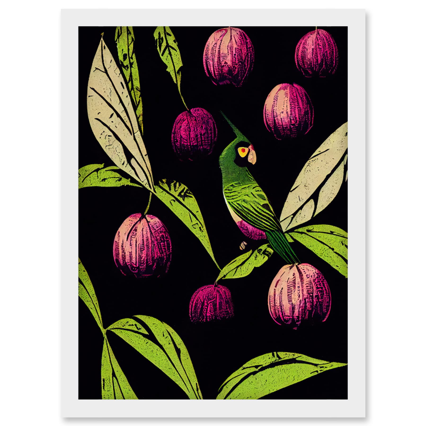 Wee Blue Coo Parrot in Tree Fruit Bright Green and Purple Black Colour Linocut Illustration Modern Vintage Artwork Framed Wall Art Print A4