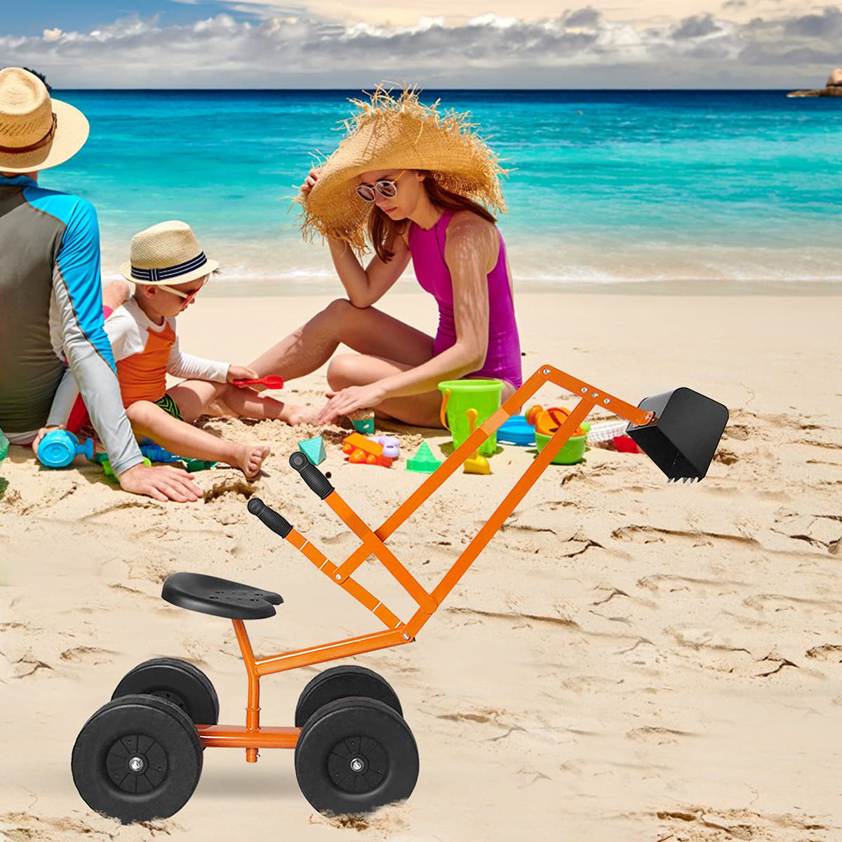 RELAX4LIFE Ruspa Giocattolo Escavatore Cavalcabile per Sabbiera con Sedile in metallo, Girevole a 360° e 4 Ruote, 3 Anni+ (L-Arancione)