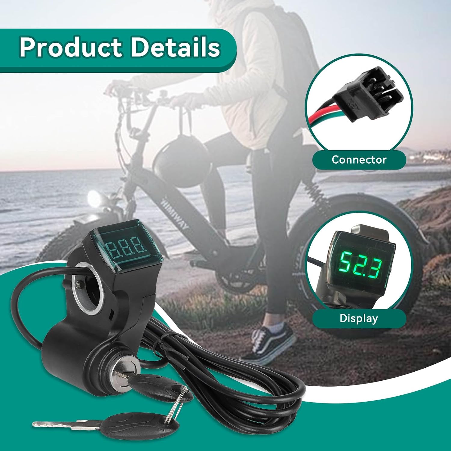 E Bike Voltage Display, Electric Bike Thumb Throttle LCD Display Digital Battery Voltage Power Switch with Key Lock for E-Scooter Electric Bicycle