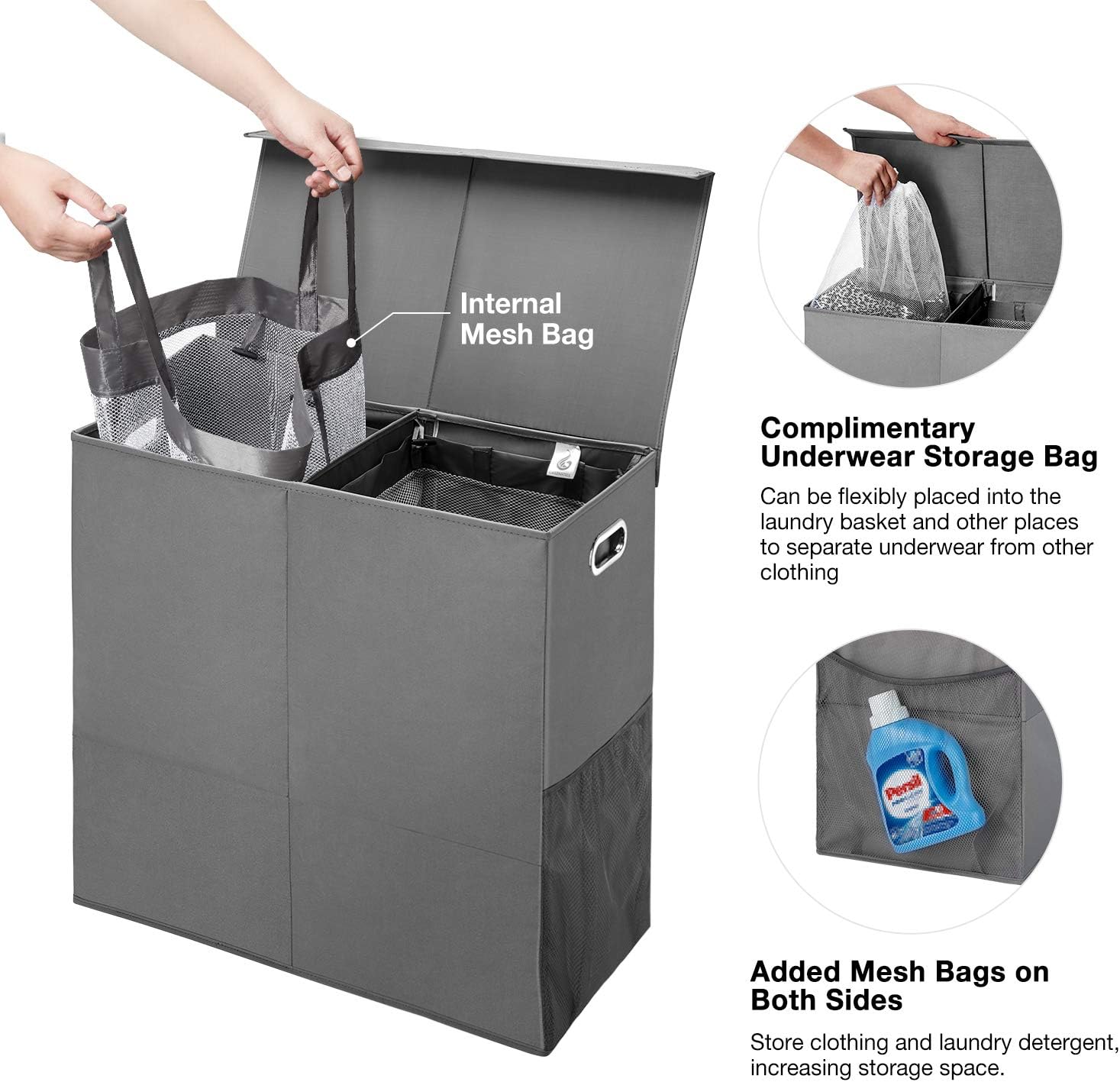GREENSTELL Laundry Hamper with Lid and Handles, Foldable Divided Laundry Basket with Mesh Pockets, Easy Movement Clothes Laundry Basket for Bedrooms, Laundry Room and Balconies Dark Gray