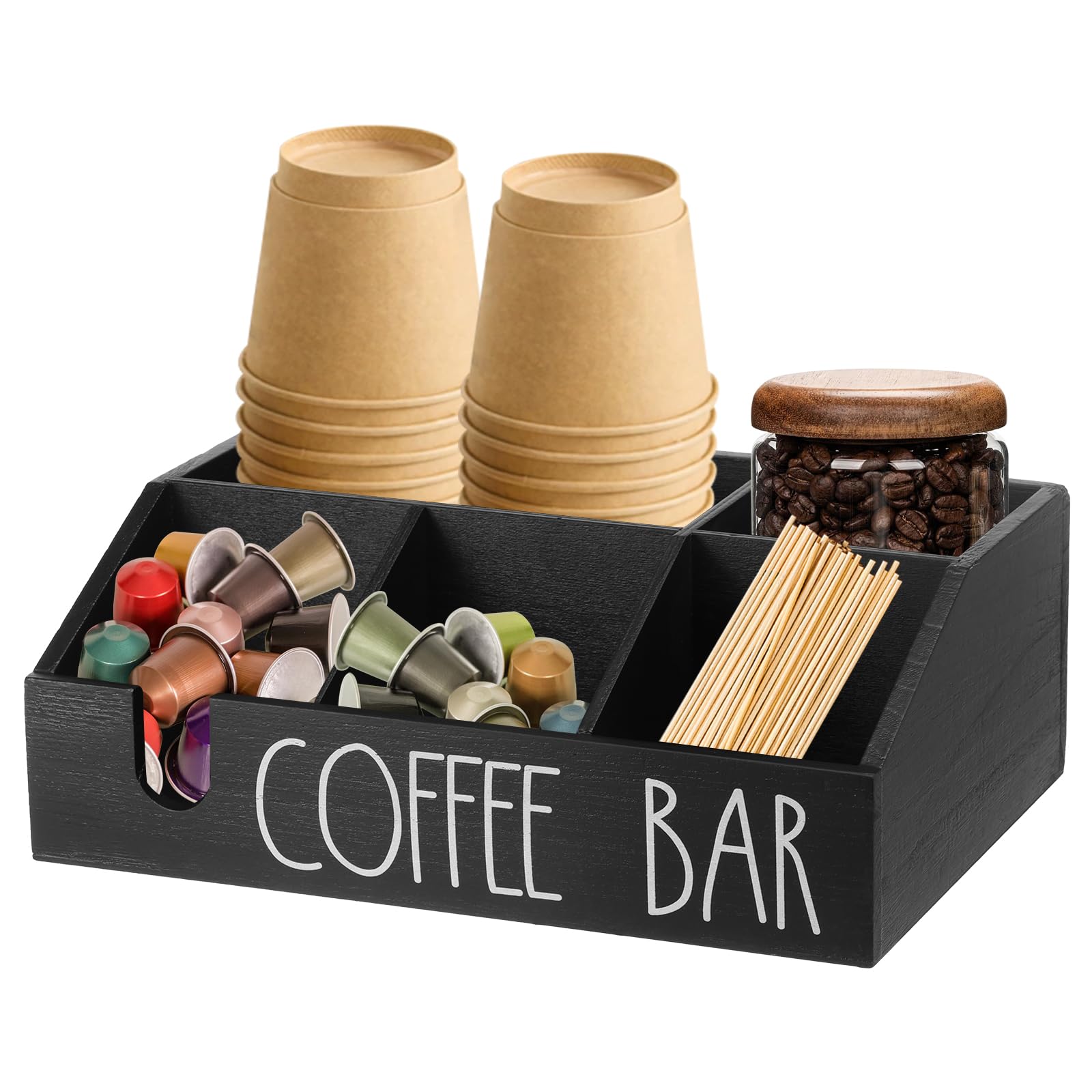 Menibbler Black Coffee Station Organizer 5 Compartment Coffee Bar Accessories Caddy Wooden Tea Chest Box With Slot Multipurpose Tea And Condiment Holder For Countertop Home Office Hotel Breakroom