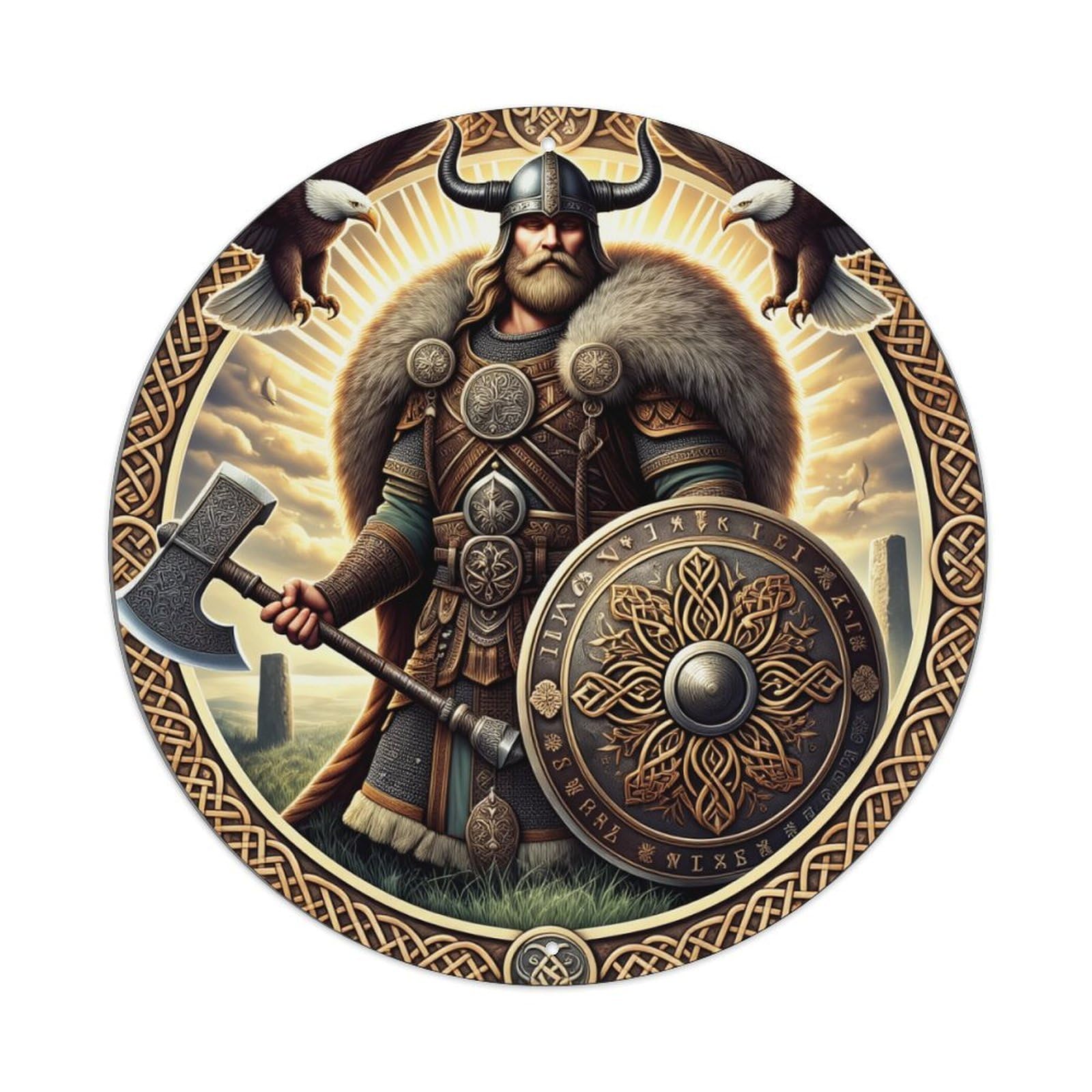 Papient Vintage Viking Warrior With Axe And Shield_1 Round Tin Sign Metal Sign Home Bar Garden Indoor & Outdoor Wall Decor Retro Metal Poster 8X8 Inch