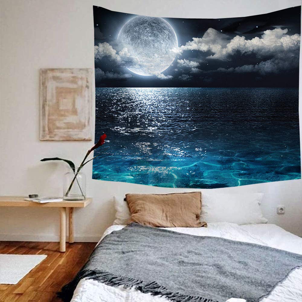 Amazon.co.jp: TSUBASI 夜景タペストリー 大判 美しい満月の夜空と海