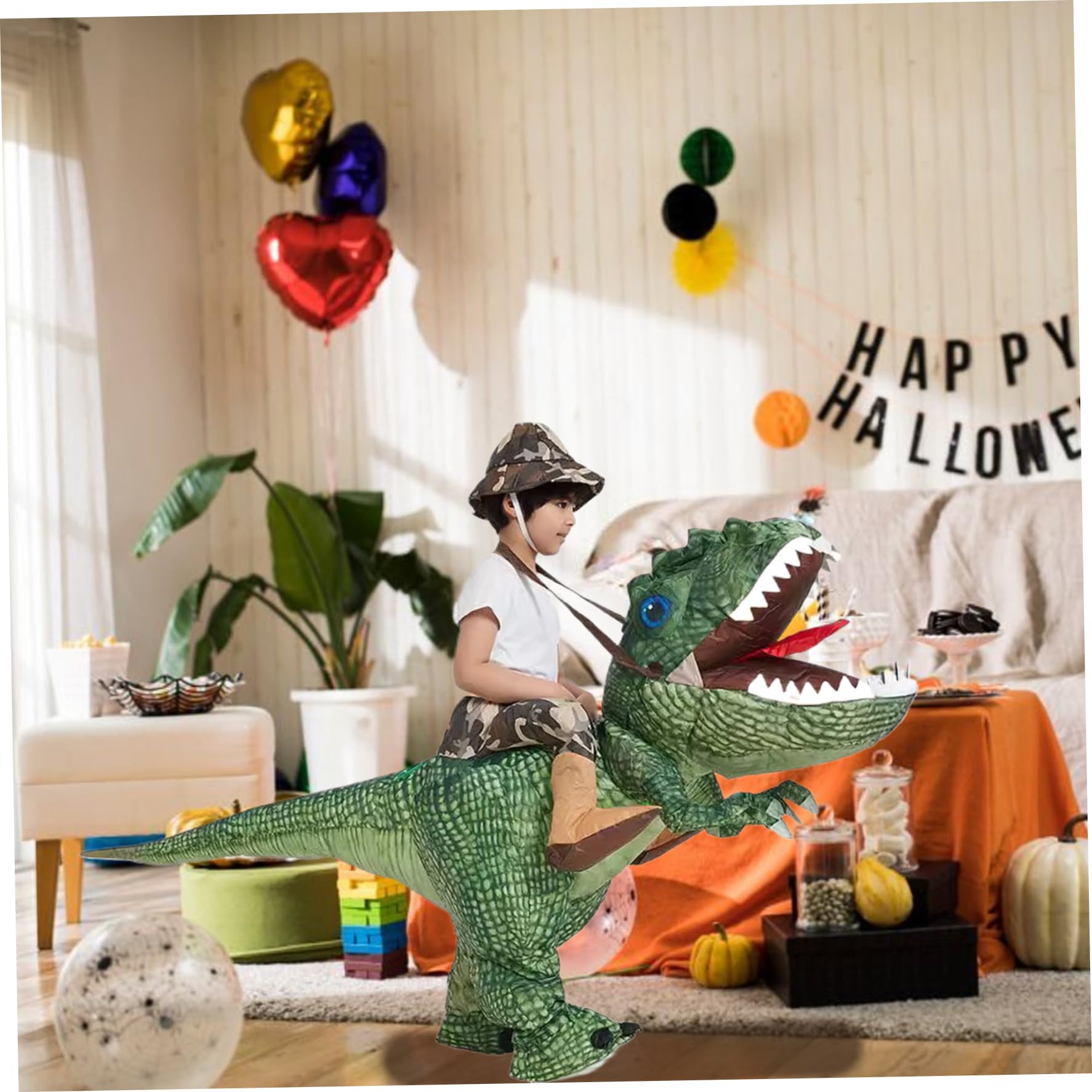 Costume da dinosauro gonfiabile in poliestere divertente tirannosauro da equitazione per la festa di Halloween, bambini 4-6 anni