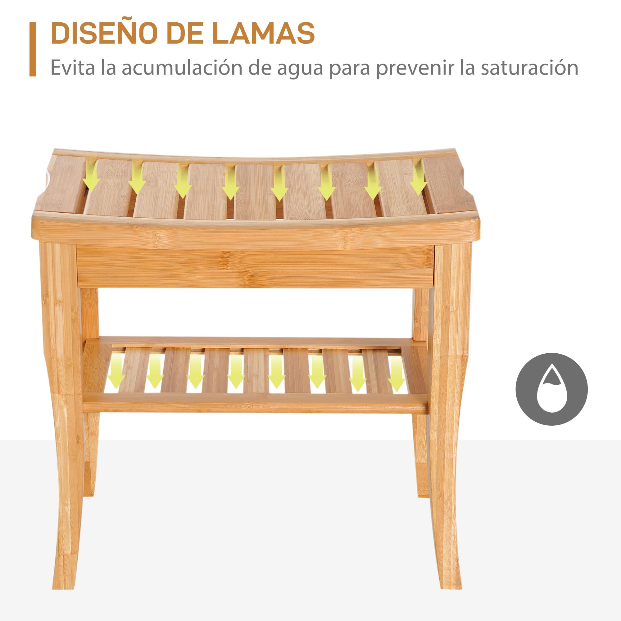 HOMCOM Taburete de Baño de Bambú con Estante de Almacenamiento Banco de Baño Antideslizante Impermeable y Robusta Taburete de Ducha para Hogar Salón Dormitorio SPA 47,5x26x44,5 cm Natural