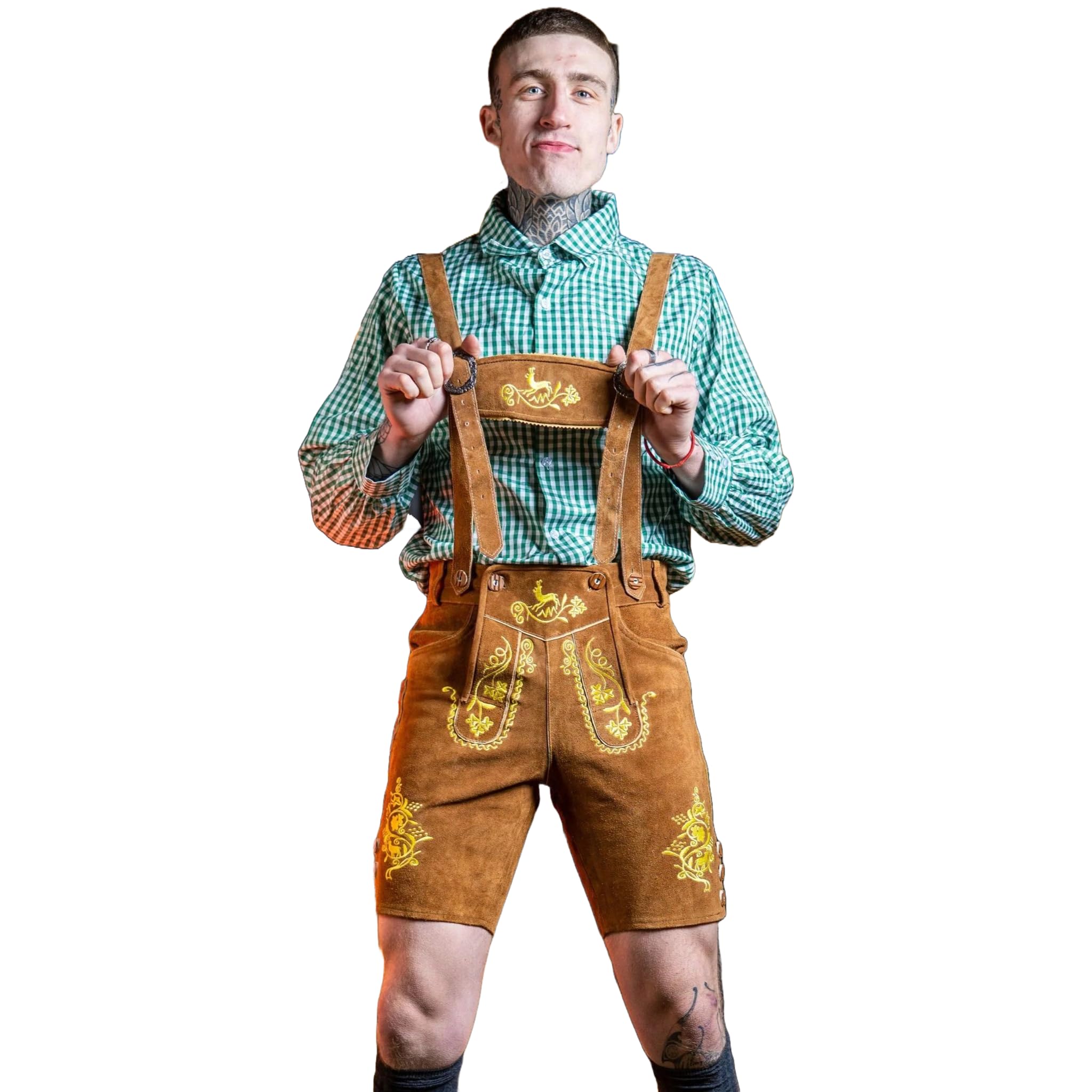 Bavarianland Men,s Lederhosen Real Suede Leather with Matching Suspenders Shorts (UK 32 inch/EU 48, Golden) — image 1