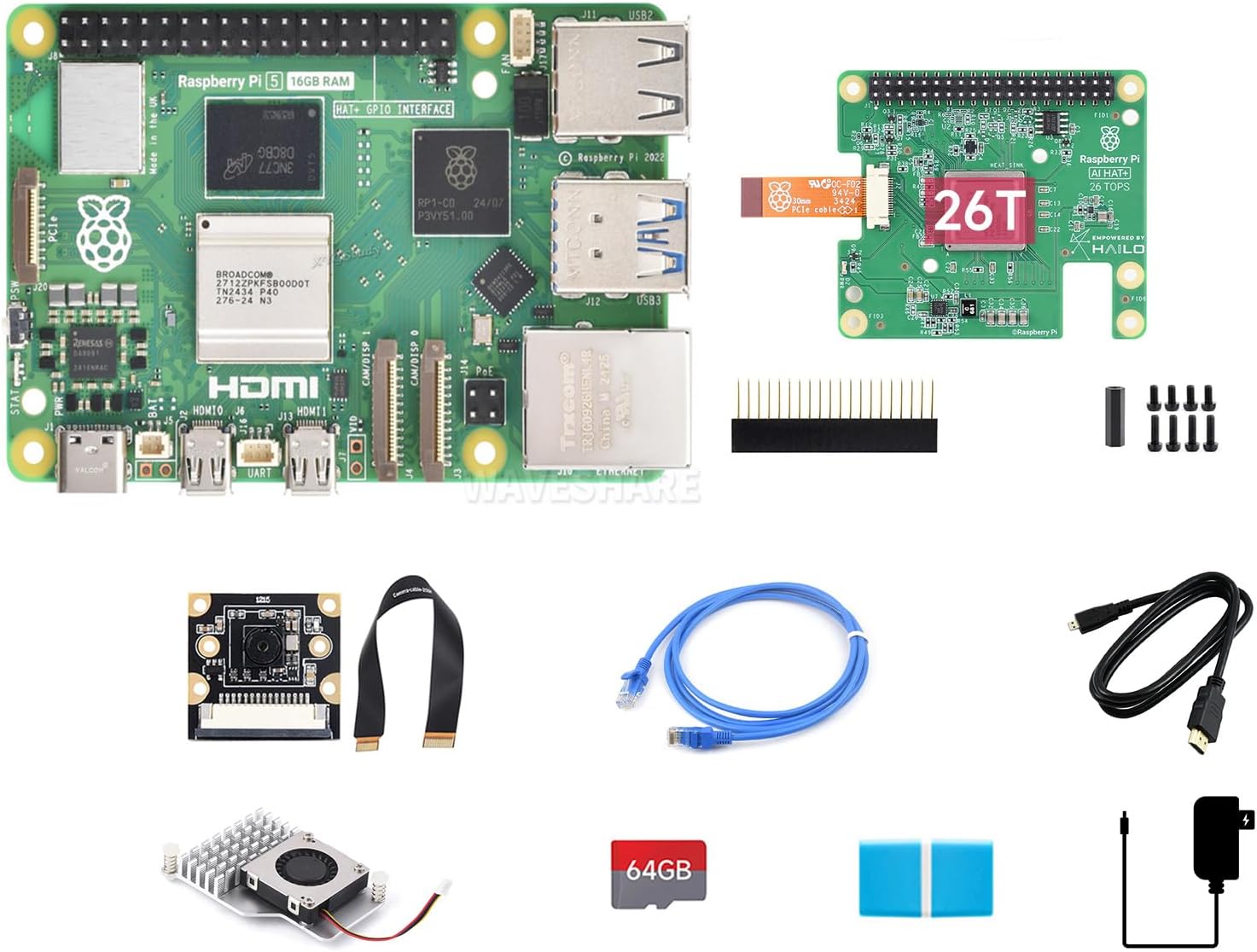 PI5-16GB Kit for Raspberry Pi 5 16GB, with RPi AI HAT+ 26T and PI5-IMX219-77 Camera @XYGStudy (PI5-16GB AI Kit D)