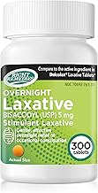 Overnight Stimulant Laxative, Bisacodyl 5 mg (300 Tablets), Gentle & Effective Overnight Relief of Occasional Constipation, Compare to The Active Ingredients in National Brand Product