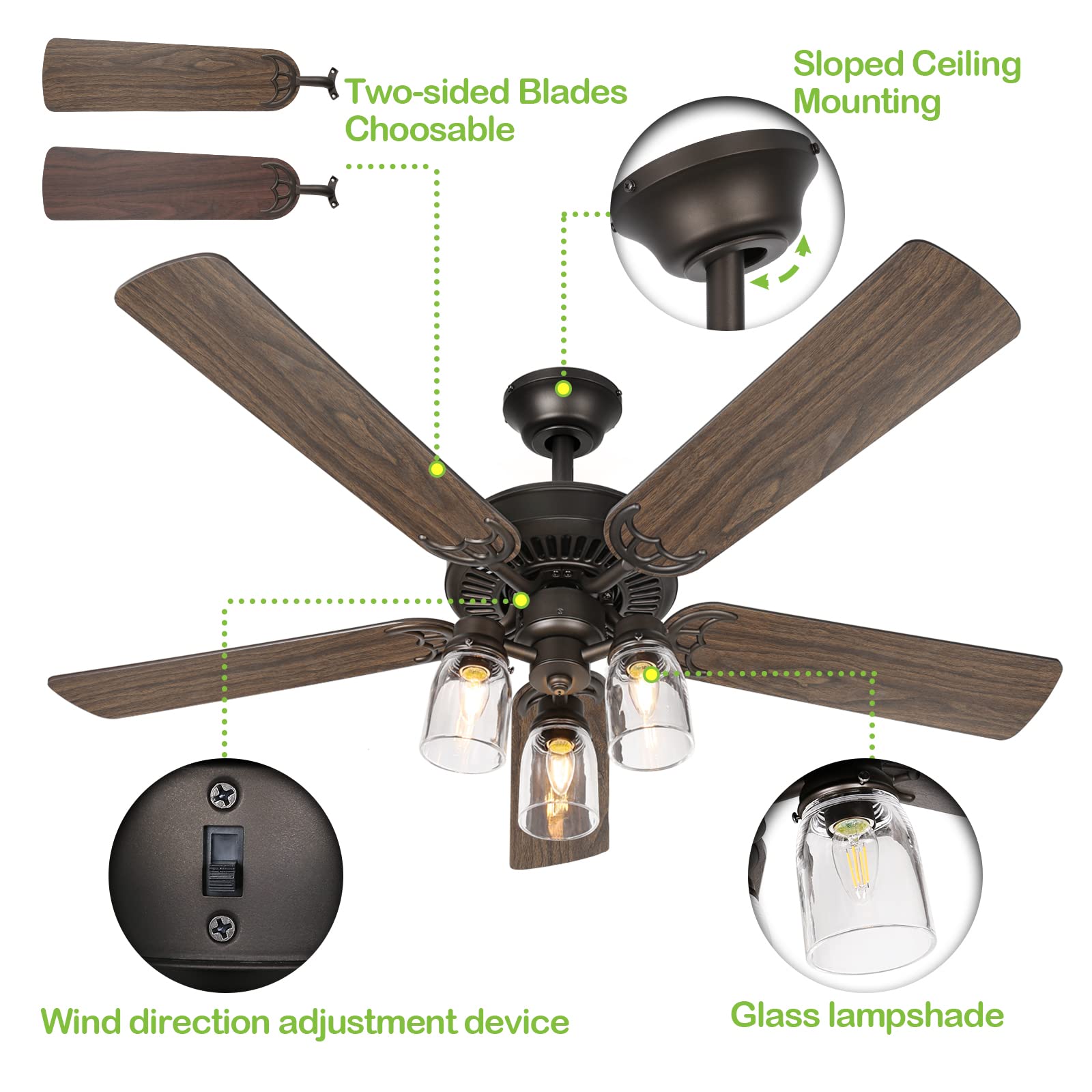 Hykolity 52 Inch Indoor Oiled Bronze Ceiling Fan with Remote Control