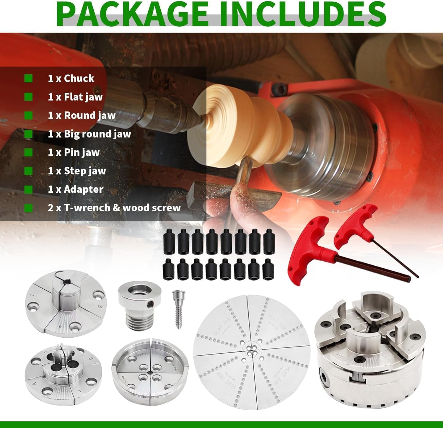 1" x 8 TPI Thread 4 Inch Self Centering Wood Lathe Nickel-Plated Chuck Set 2/3/5 Jaw Turning Chuck Set (5PCs Jaw)