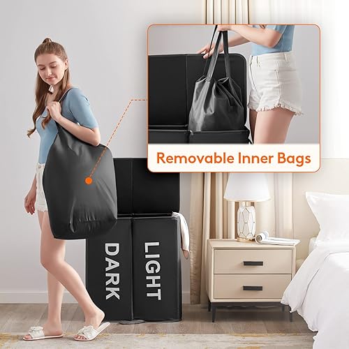 Miniatura 2 de Lifewit Cesta de lavandería doble de 136L con tapa y bolsas de lavandería extraíbles, cesta grande dividida, cesta plegable de 2 secciones con asas