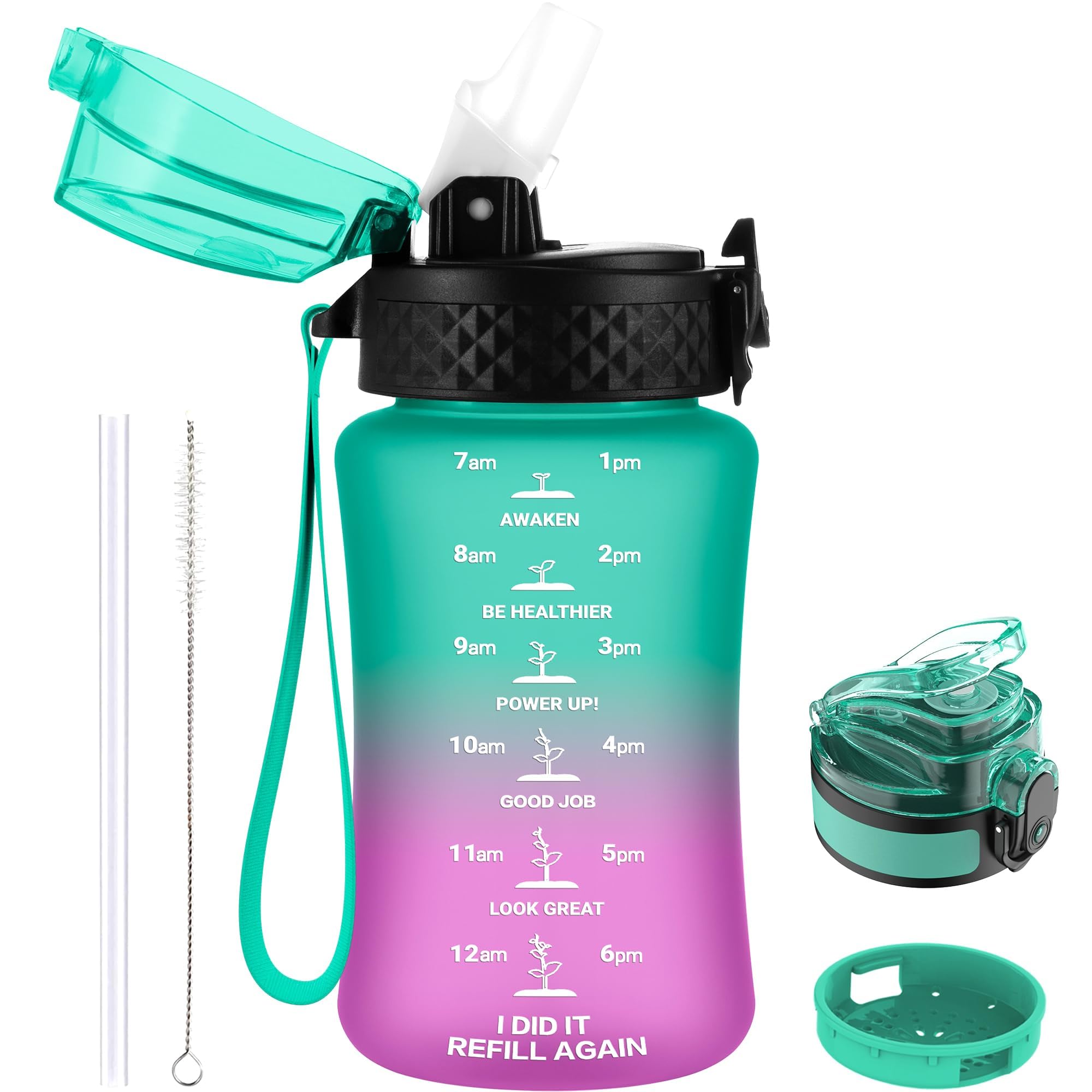GOPPUS Kids Water Bottle with Straw Spout Lid 10pcs Stickers 12 oz Leak-proof BPA Free Motivational Time Marker Tritan Plastic Water Bottles for Girls Boys School Sports