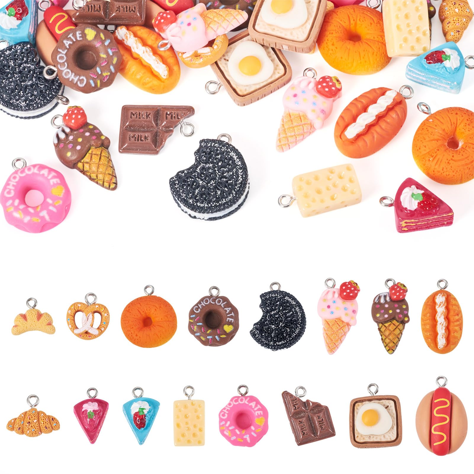Bestewelry 32 pcs Resin Food Pendants Dessert Ice Cream Cake Bread Dangle Charms Hot Dog Biscuit Pendants with Loop for Necklace Earring Keychain DIY Jewelry Making Craft