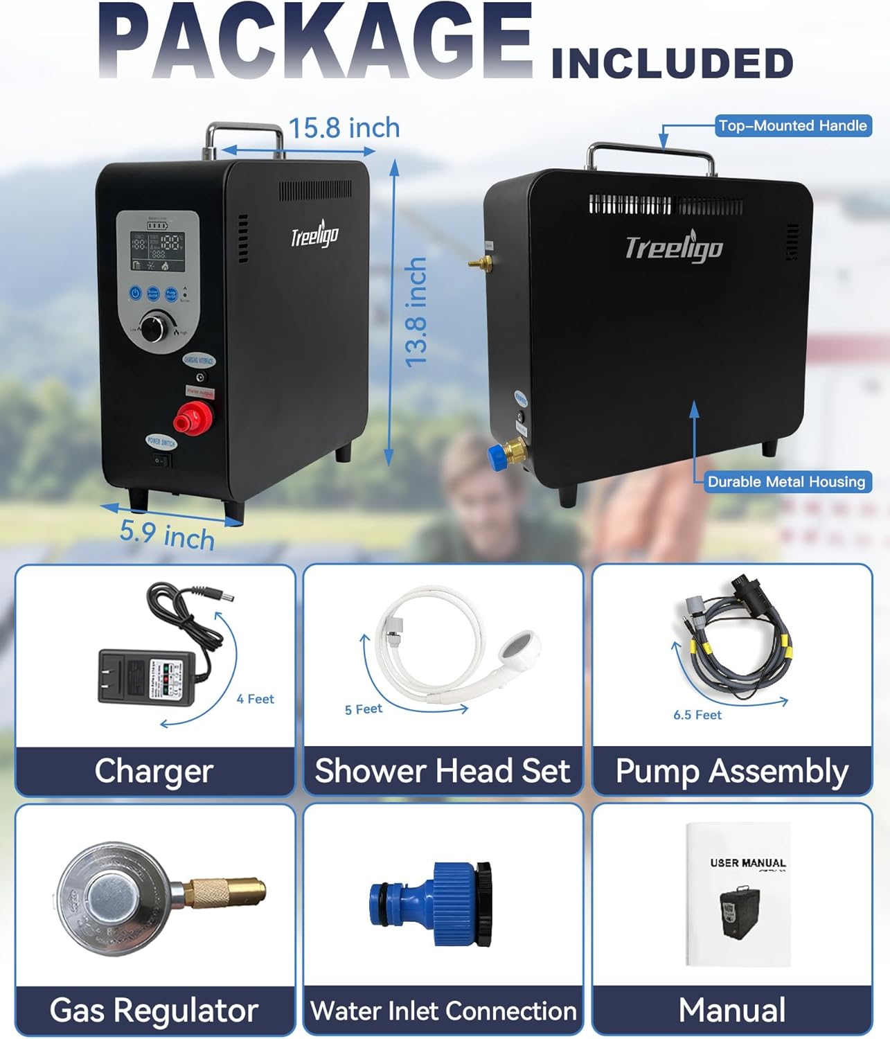 Treeligo Portable Water Heater, Propane Water Heater with Shower Pump, Max 100 Mins 3s Instant Hot 40,900 BTU, 4500mAh Rechargeable Built-in Battery for Outdoor Cleaning, Camping, Hunting, Hiking
