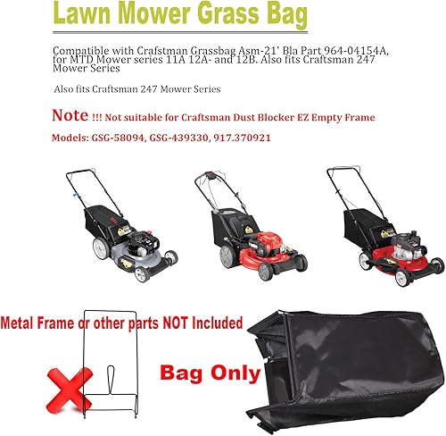 Miniatura 2 de 964-04154A - Bolsa de repuesto para cortacésped MTD Craftsman 964-04154 compatible con cortacésped de 21 pulgadas Series 11A y 12A (solo bolsa, sin