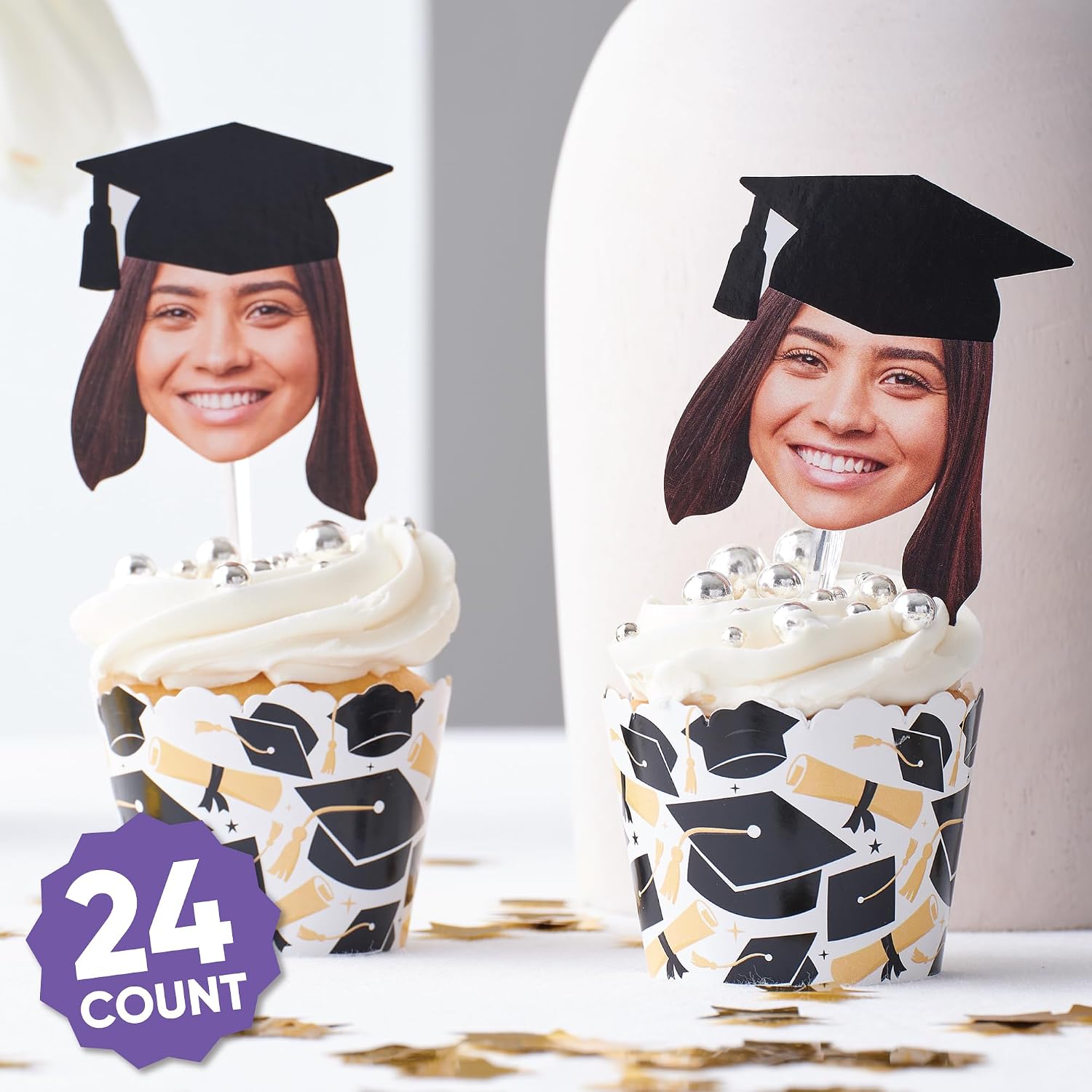 Big Dot of Happiness Grad Cap Fun Face Cutout Dessert Cupcake Toppers - Custom Graduation Photo Head Cut Out Clear Treat Picks - Upload 1 Photo - Set of 24