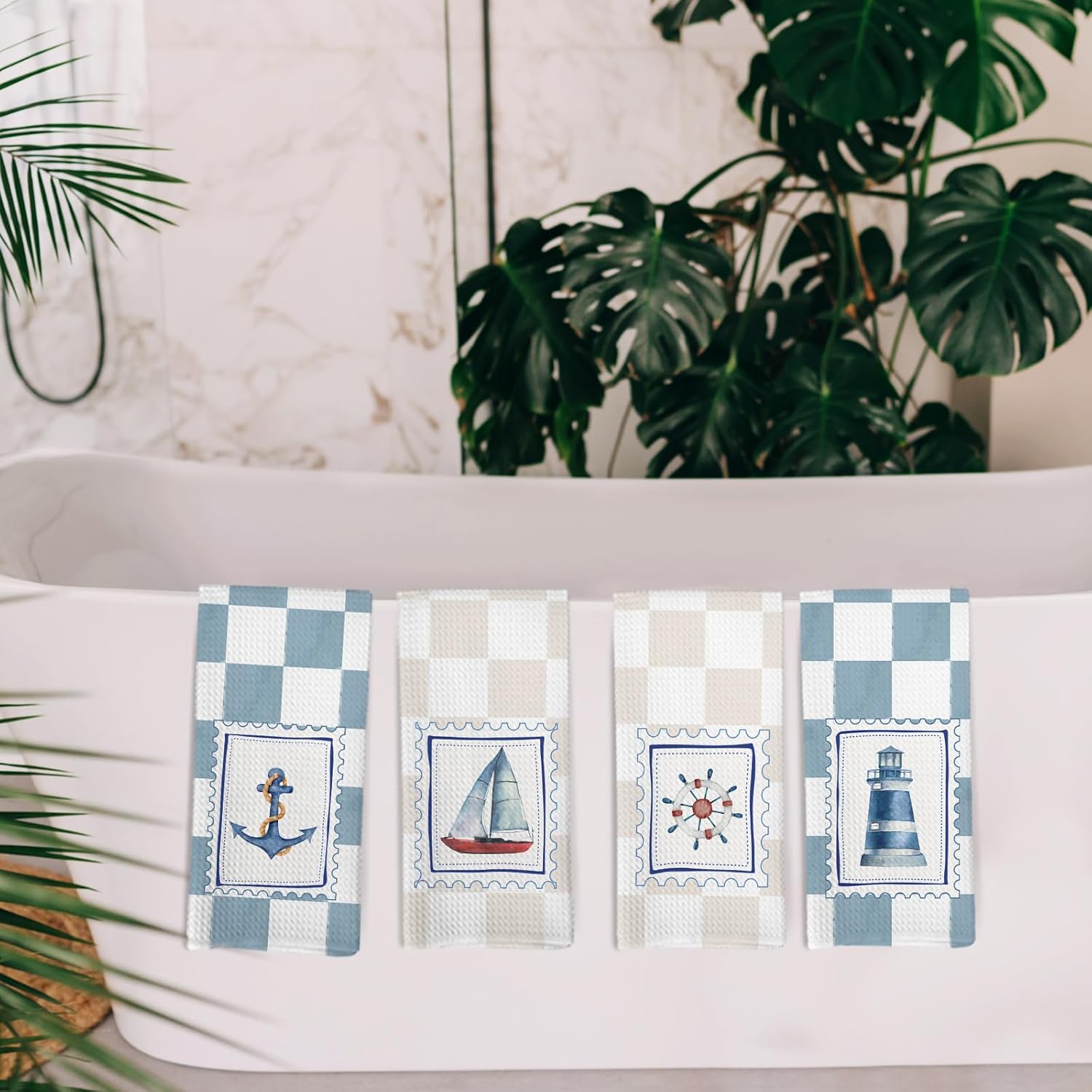 Preppy Nautical Kitchen Towels and Dishcloths Set of 4, Coastal Boat Wheel Dish Towels, Nautical Beach Lighthouse Anchor Decorative Hand Tea Towel for Bathroom Kitchen, 16x24 Inch