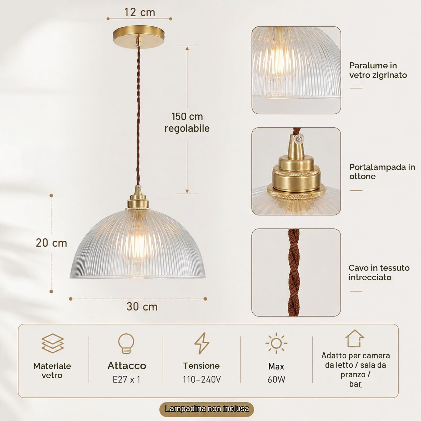 Lampadario a sospensione industriale vintage con cupola in vetro, Lampada da soffitto a soppalco E27 in ottone rame (30cm)