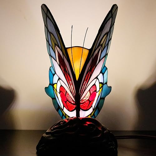 Miniatura 9 de ZJART Pequeña lámpara de mesa estilo mariposa Tiffany azul rojo pantalla mini acento memoria simpatía antigua luz nocturna 10 pulgadas de alto