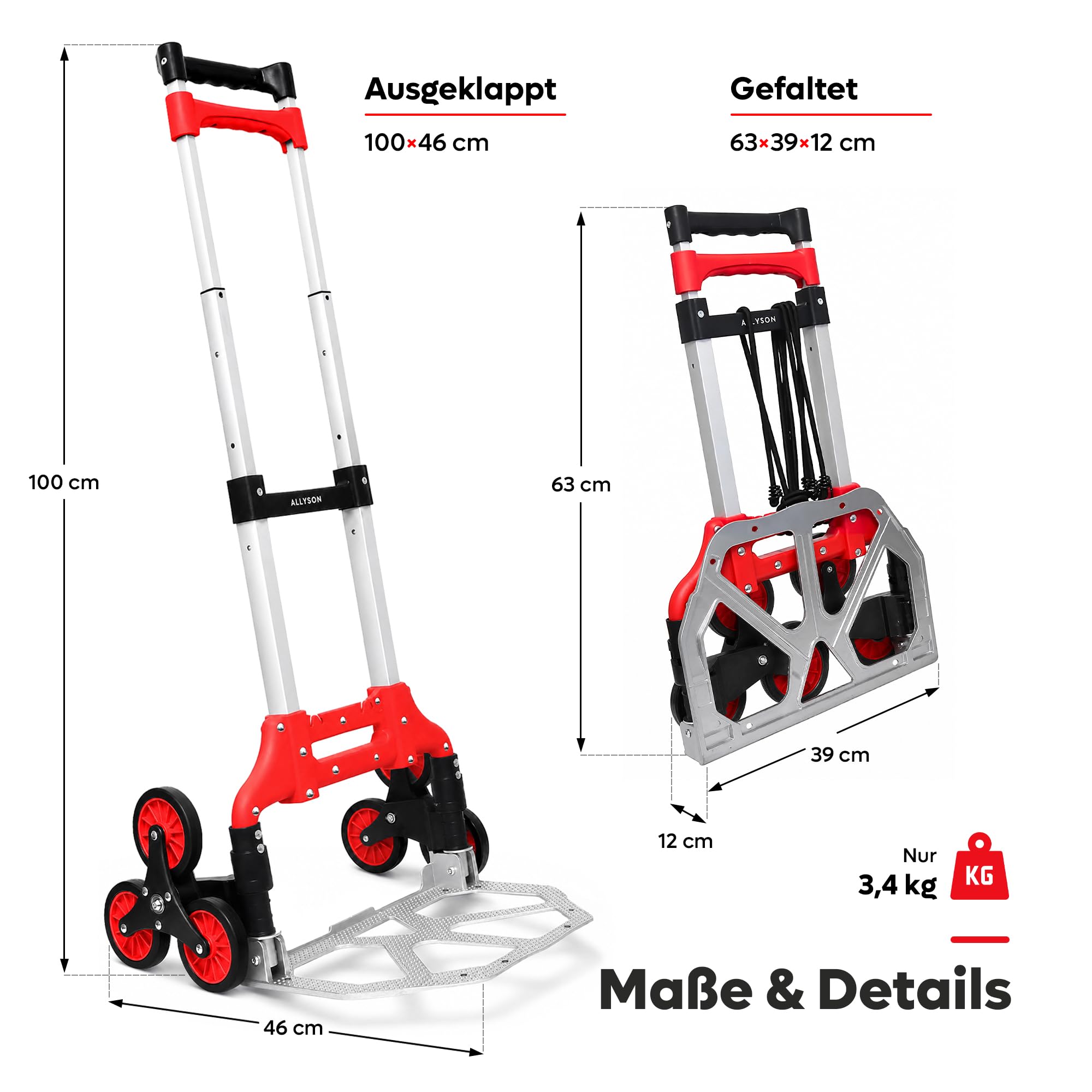 Allyson® Treppensteiger Sackkarre klappbar 6-Rad, bis 80kg (eben), Rot | Auf Treppen bis 30 kg belastbar, mit Vollgummireifen, inkl. Spanngurte & Sicherheitshandschuhe, Aluminiumrahmen, kompakt