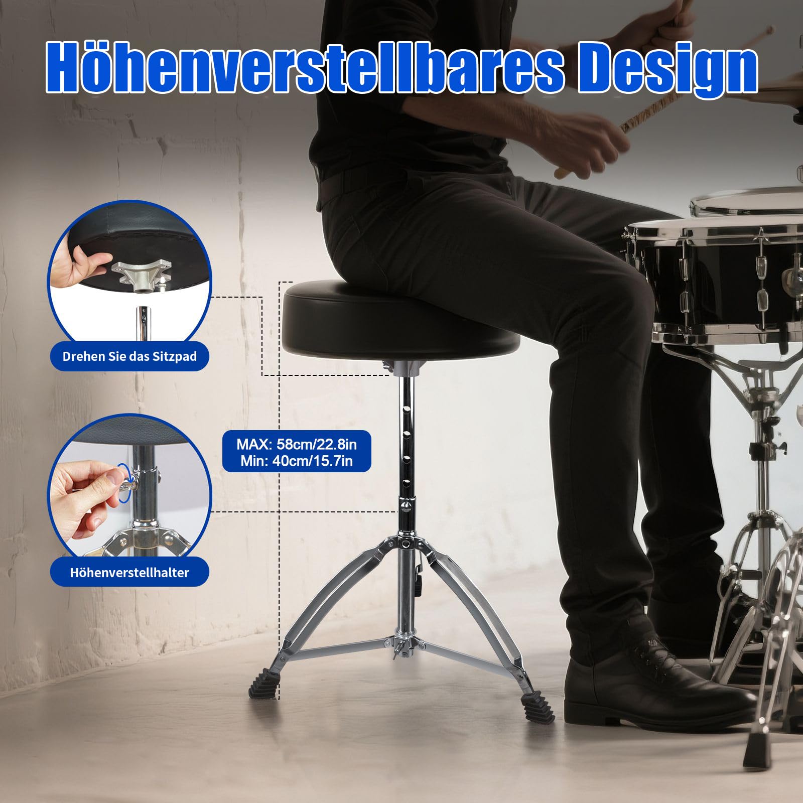 Drum Throne Heavy Duty - 40-58cm Höhenverstellbar, gepolsterter Drummer Hocker, doppelt verstärkte Anti-Rutsch Füße, 360° drehbar für Kind und Anfänger