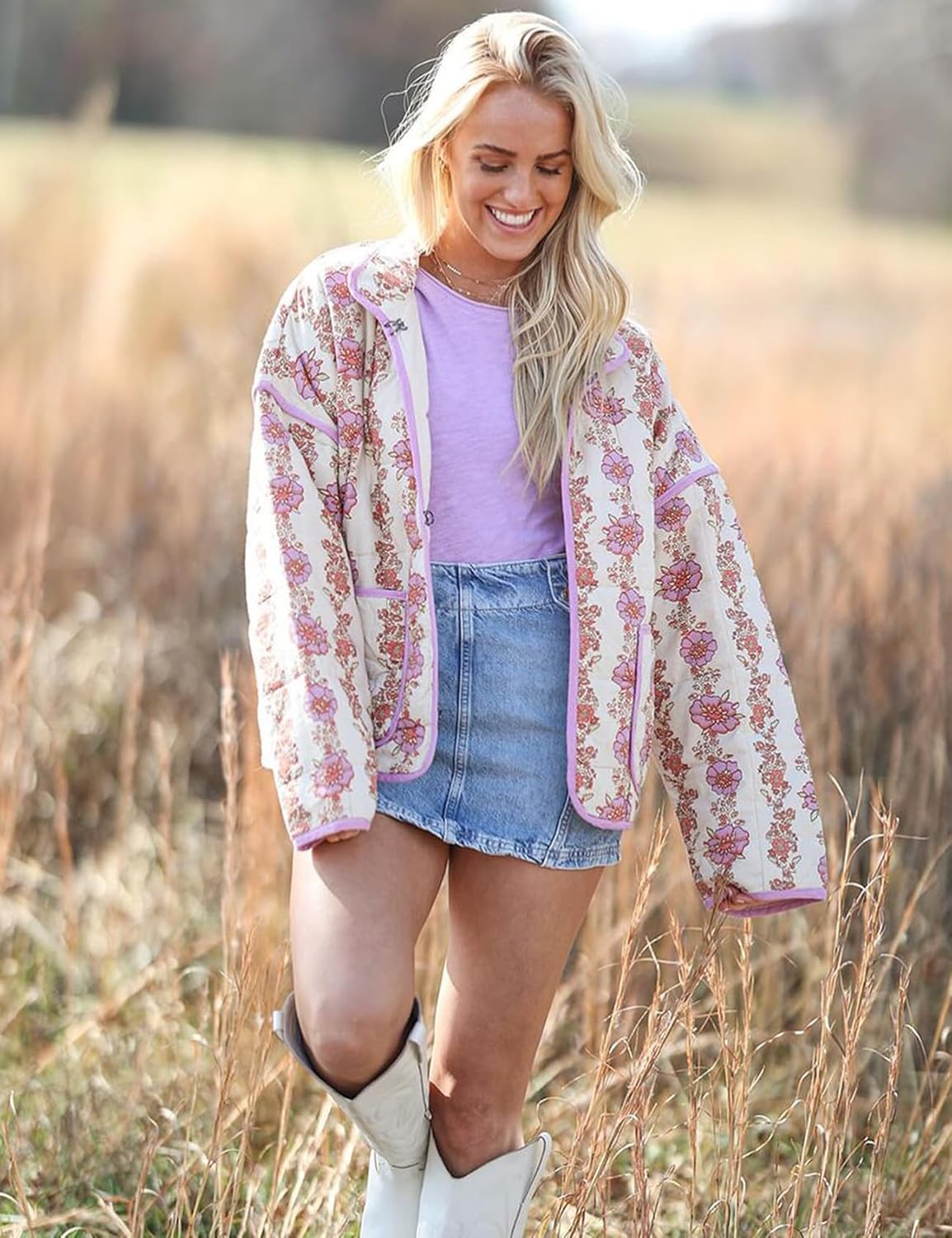 YKR Women's Cropped Puffer Jacket Floral Print Quilted Puffer Jackets Open Front Lightweight Short Jacket Trendy - Image 2