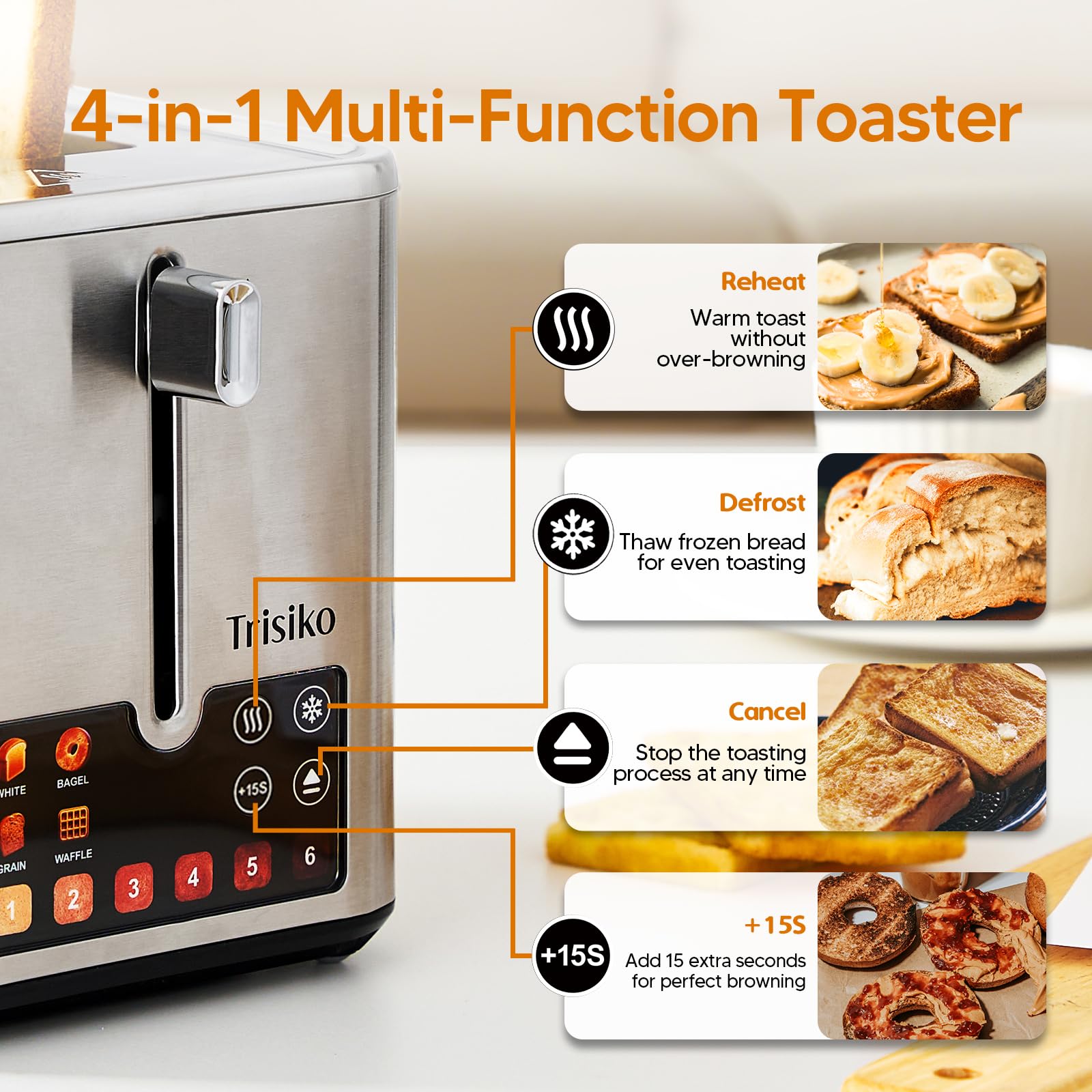 Tostadora de pantalla táctil de 2 rebanadas, tostadora inteligente de acero inoxidable con temporizador digital, ranuras extra anchas de 1.38 pulgadas para pan y bagel, con recalentamiento 5