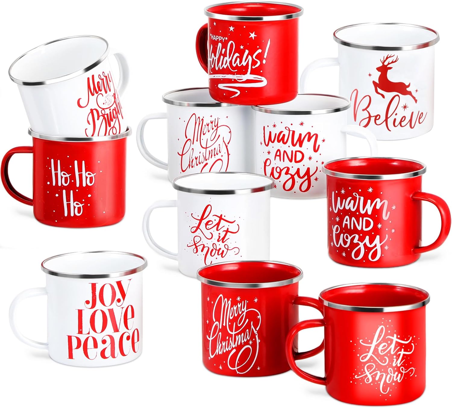 Uiifan 10 Pcs Christmas Enamel Mugs Bulk Cute 12 oz Galvanized Steel Festive Funny Novelty Coffee Cup Merry Christmas Mug Gift Set for Women Coworkers Teachers Hot Chocolate Tea (Red White)