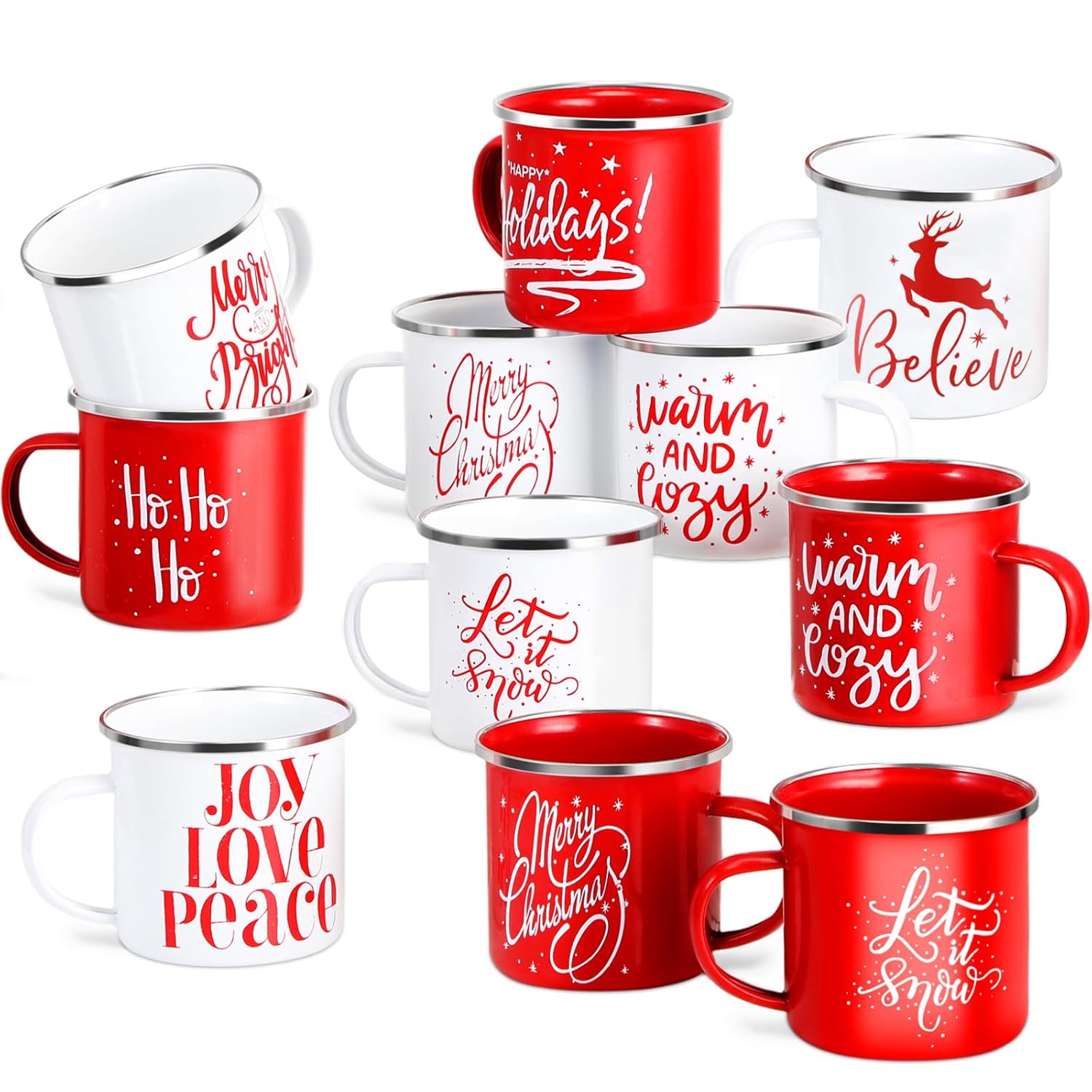 Uiifan 30 Pcs Christmas Coffee Enamel Mugs Cute 12 oz Galvanized Steel Festive White and Red Funny Novelty Cup Merry Christmas Mug Gift Set for Women Coworkers Teachers Hot Chocolate Tea