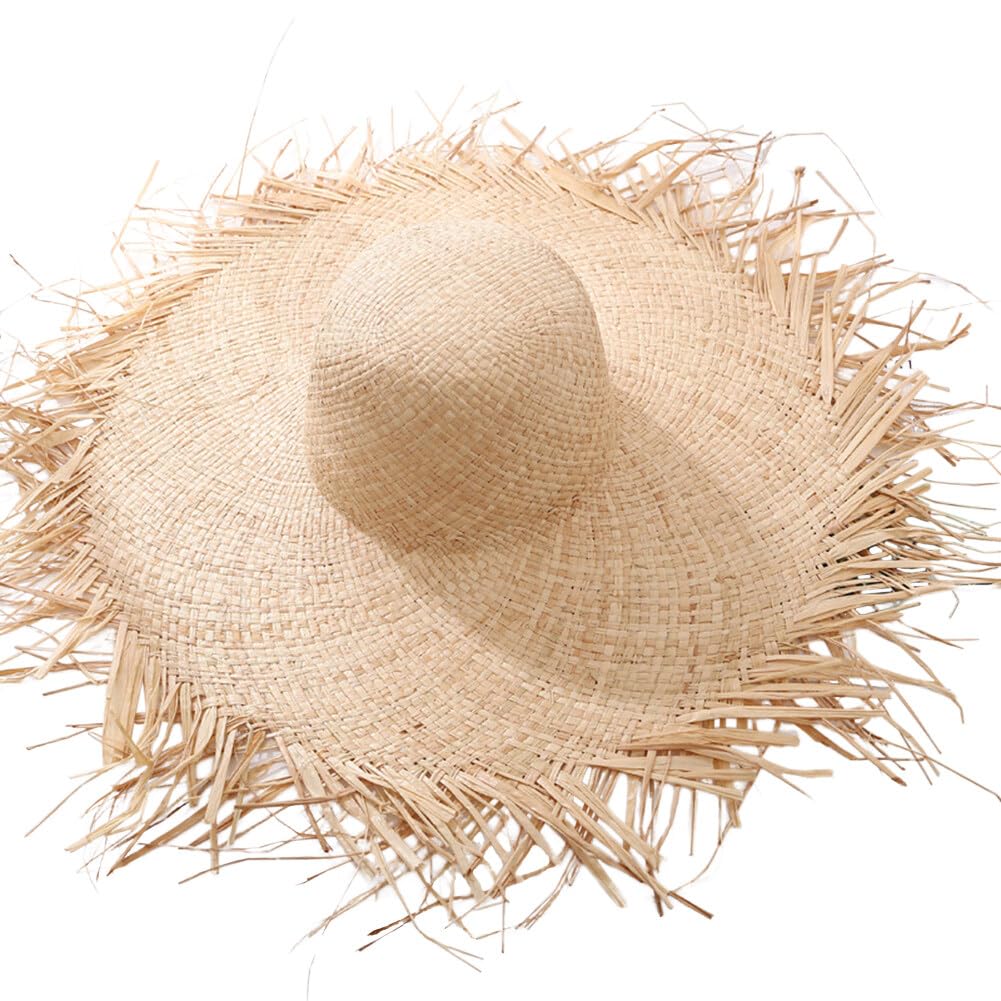 Summer Straw Hat Straw Sun Hat Wide Brim Straw Hat Beach Straw Hat Tassel Straw Hat Handwoven Straw Hat for Women (Round)