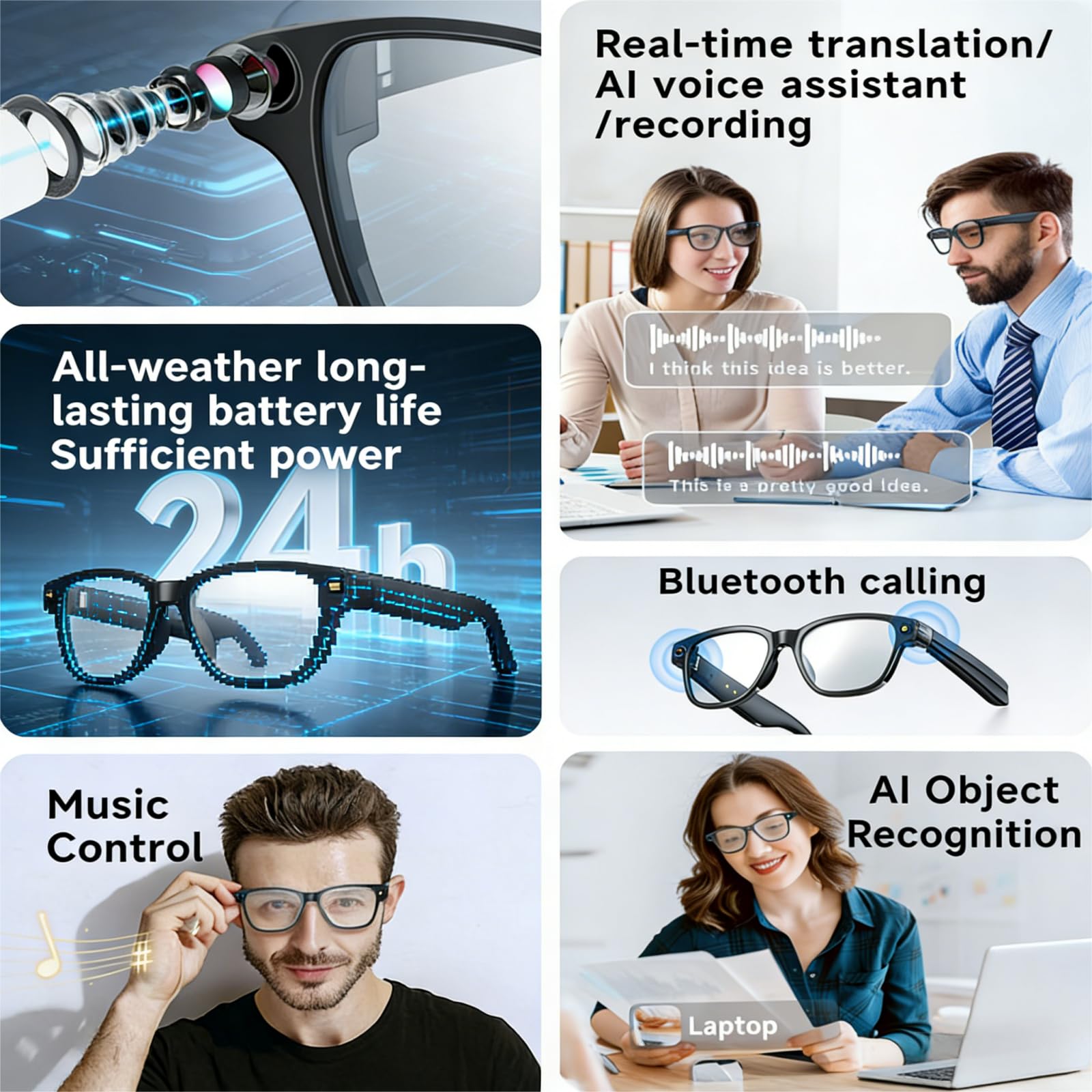 AI Brillen mit HD 8MP Kamera, Smart Glasses mit 270mAh, 1200P Videoaufnahme, Bluetooth 5.4, Echtzeit-KI-Übersetzung & Objekterkennung, Blau licht, Zwei Mikrofone für Anrufe, Aufnahmen
