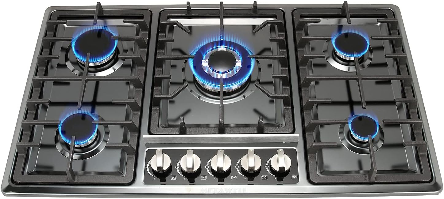 34 inch Gas Cooktop - 5 Burner Built In Gas Cooktop, Black Titanium Stainless Steel Gas Stove Cooktop, Dual Fuel LPG/NG Convertible Natural Gas Hob, Gas Rangetop Counter Top Easy to Clean