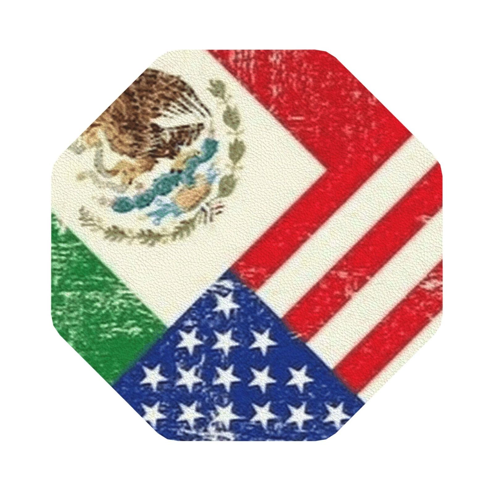 Mexican American Flag PU Leather Coasters Set of 6 Octagon Drink Coasters