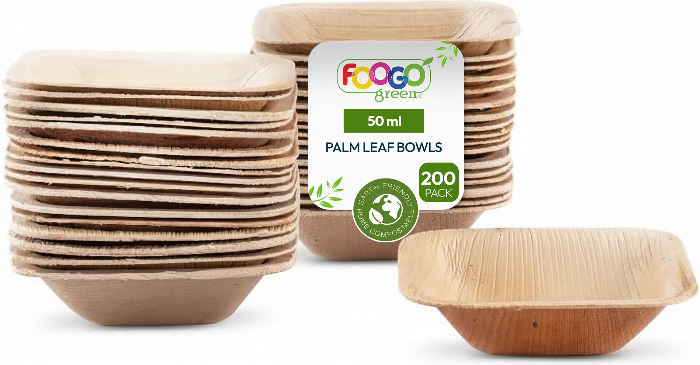 FOOGO Green 200pcs Disposable Mini Palm Leaf Bowls, 3" (7.5cm) Square, 50ml (1.7oz), for Sauce, Snacks, Ketchup & Mayo Pots, EcoFriendly, Biodegradable, Like Bamboo, Wooden and Paper Bowls
