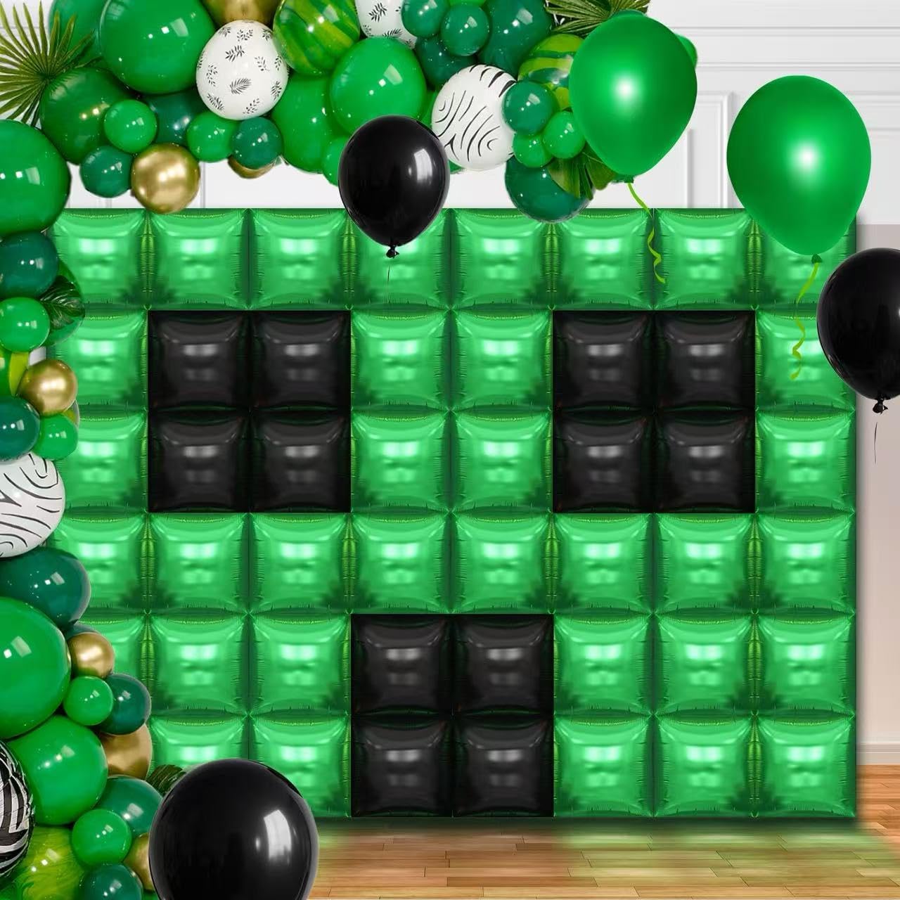 Photo 1 of 50PCS Video Game Square Balloon Arch Garland Kit, Green Black Double Sided Square Foil Balloons Wall Backdrop for Anniversary Bachelorette Halloween Party Decor