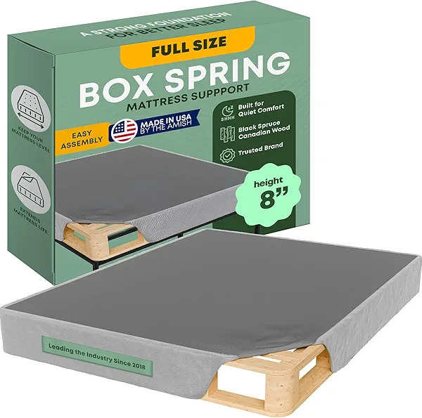 Greaton, Unassembled Full Box Spring for Full Bed – 8-Inch Wood Box Spring Only – Amish Made in USA – Quiet Noise-Free Replacement Mattress Foundation – Packed Flat, Easy Assembly (Gray)
