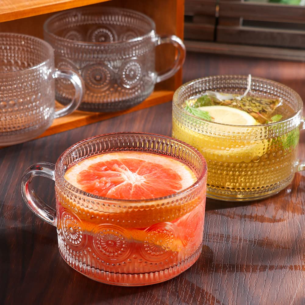 Gutsdoor Vintage Glass Coffee Mugs Set of 4, 14 Oz Clear Embossed Glass Coffee Cups - Image 3