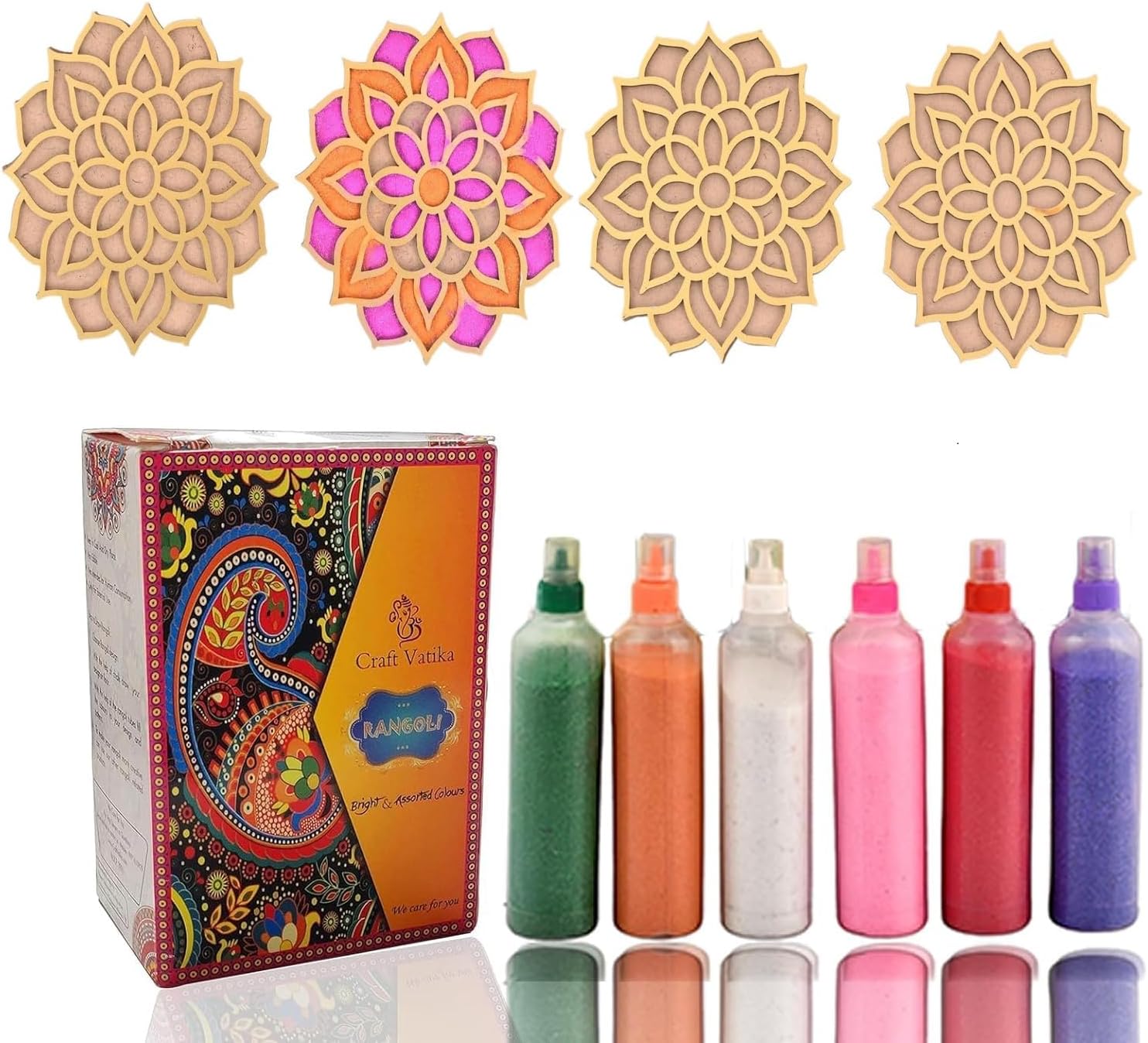 Set of 6 Rangoli Colour Powder Tube Kit with 4 Rangoli Templates Stencils Diwali Decoration Items Bottles Tool Floor Art Rang for Home Navratri Pongal Pooja Mandir Decor