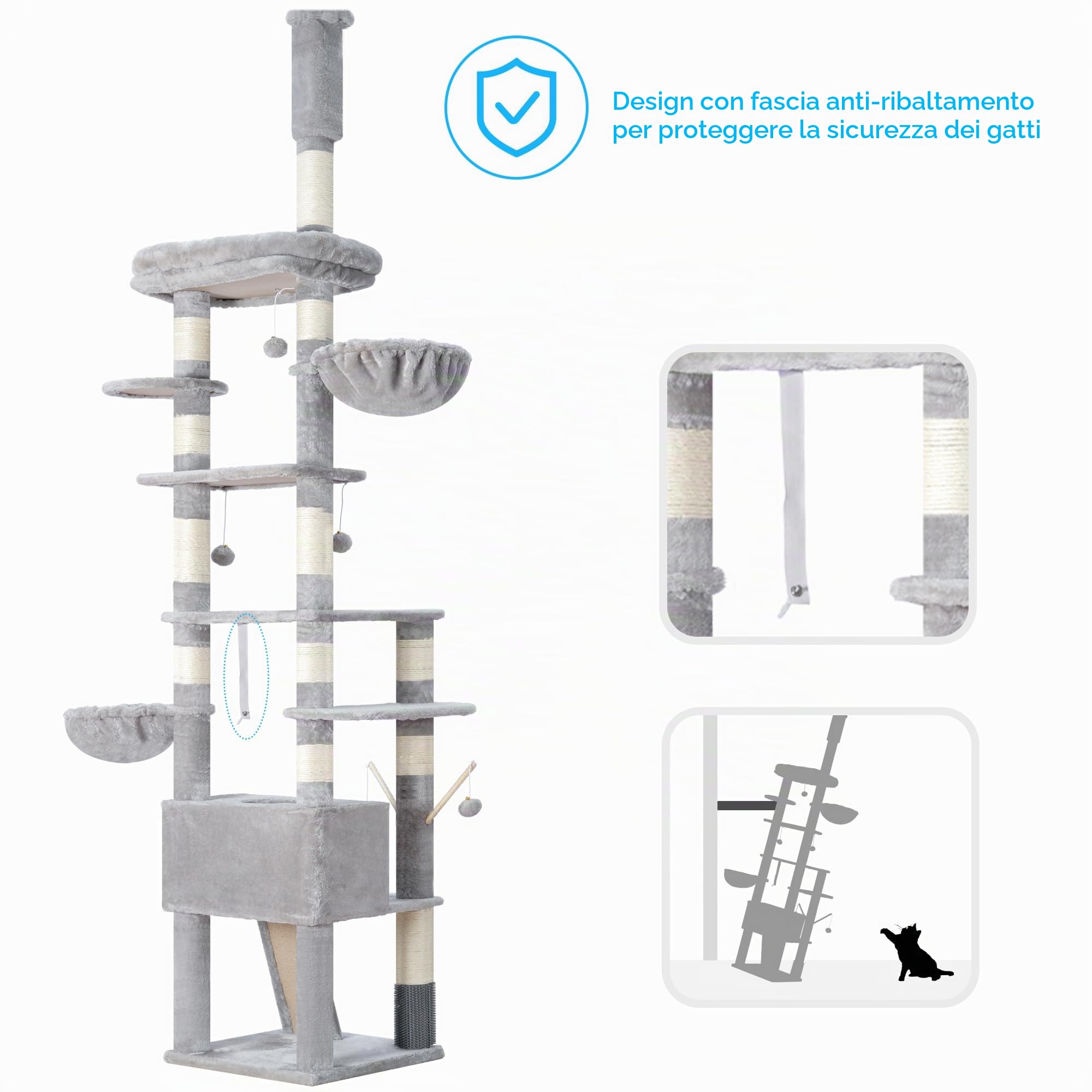 Hey-brother Albero tiragraffi regolabile in altezza, 250-280 cm, che raggiunge il soffitto, torre per gatti di grandi dimensioni, con grotta, grigio chiaro 0MPJ091W