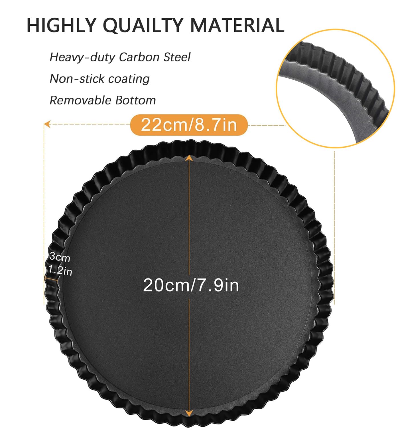 chongning Quiche Pan, 8“/22cm Flan Tins with Loose Base, Removable Loose Bottom, Mini Tart Tins for Baking,Pie Dish - Image 2